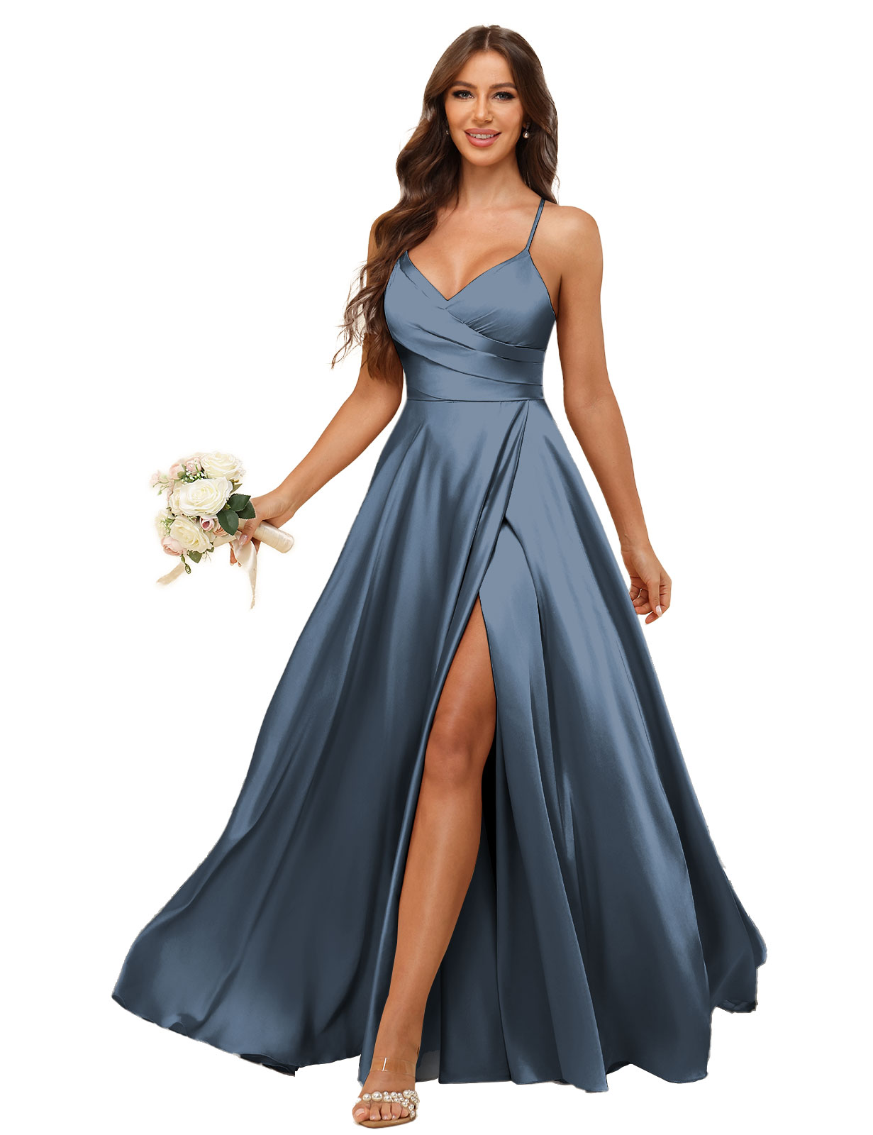 A-line V-neck Spaghetti Straps Satin Silt Bridesmaid Dress #BM2507218