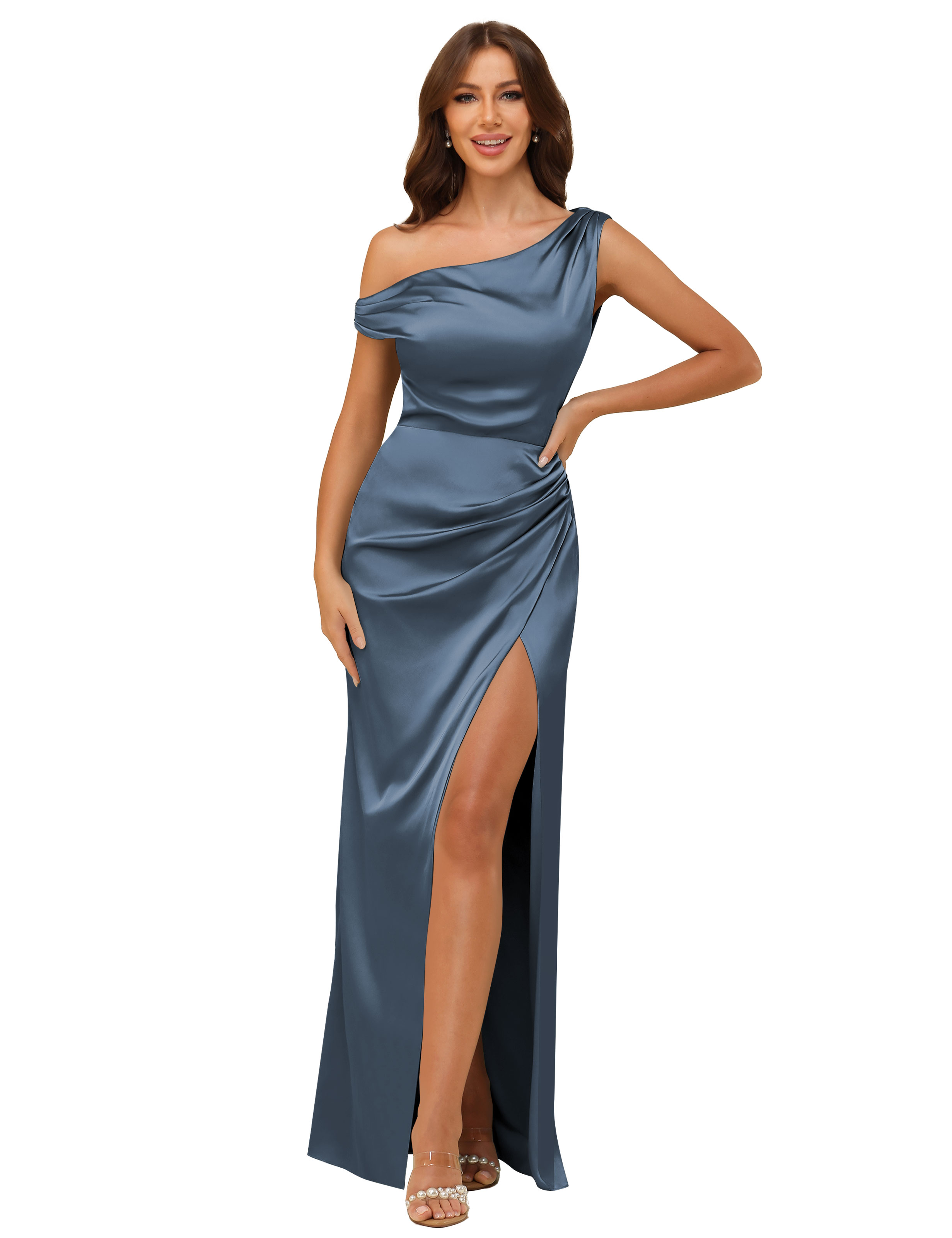 Sheath One Shoulder Satin Silt Side Zip Bridesmaid Dress #BM2507059