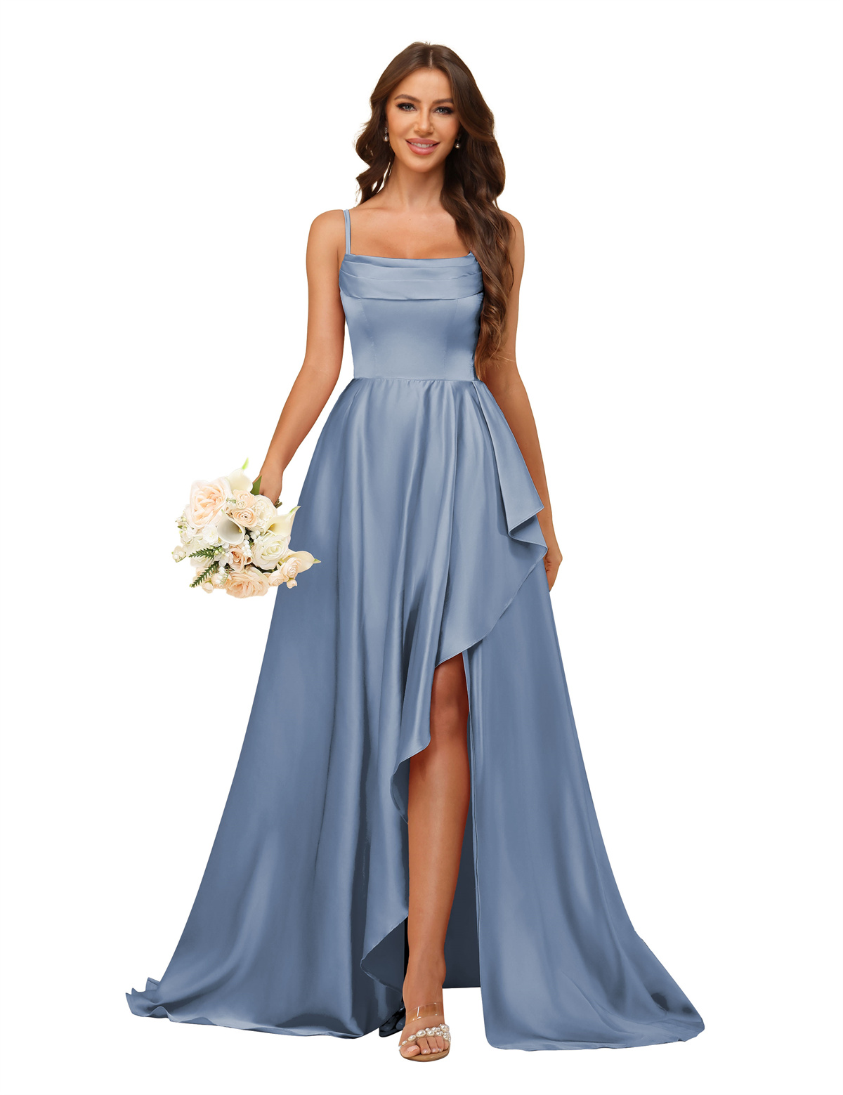 A-line U-neck Spaghetti Straps Satin Silt Bridesmaid Dress #BM2507213