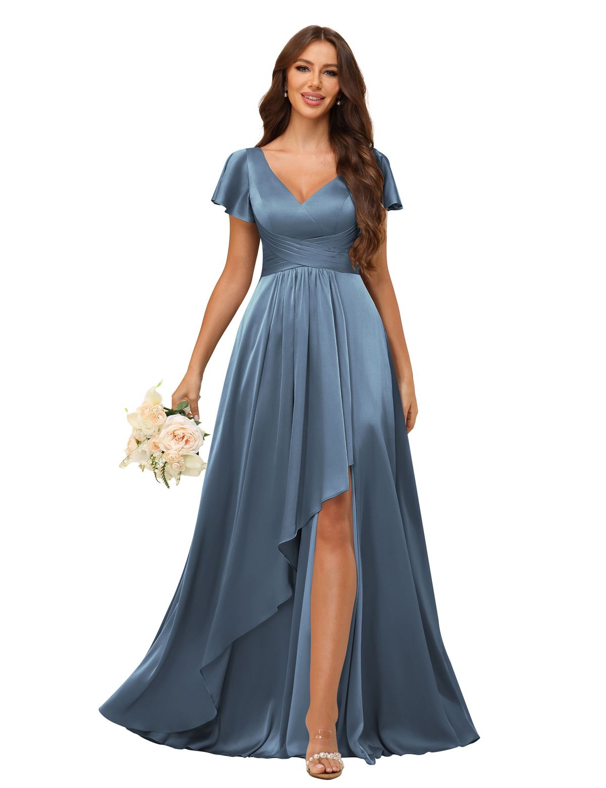 A-line V-neck Short Sleeves Satin Silt Bridesmaid Dress #BM2508022