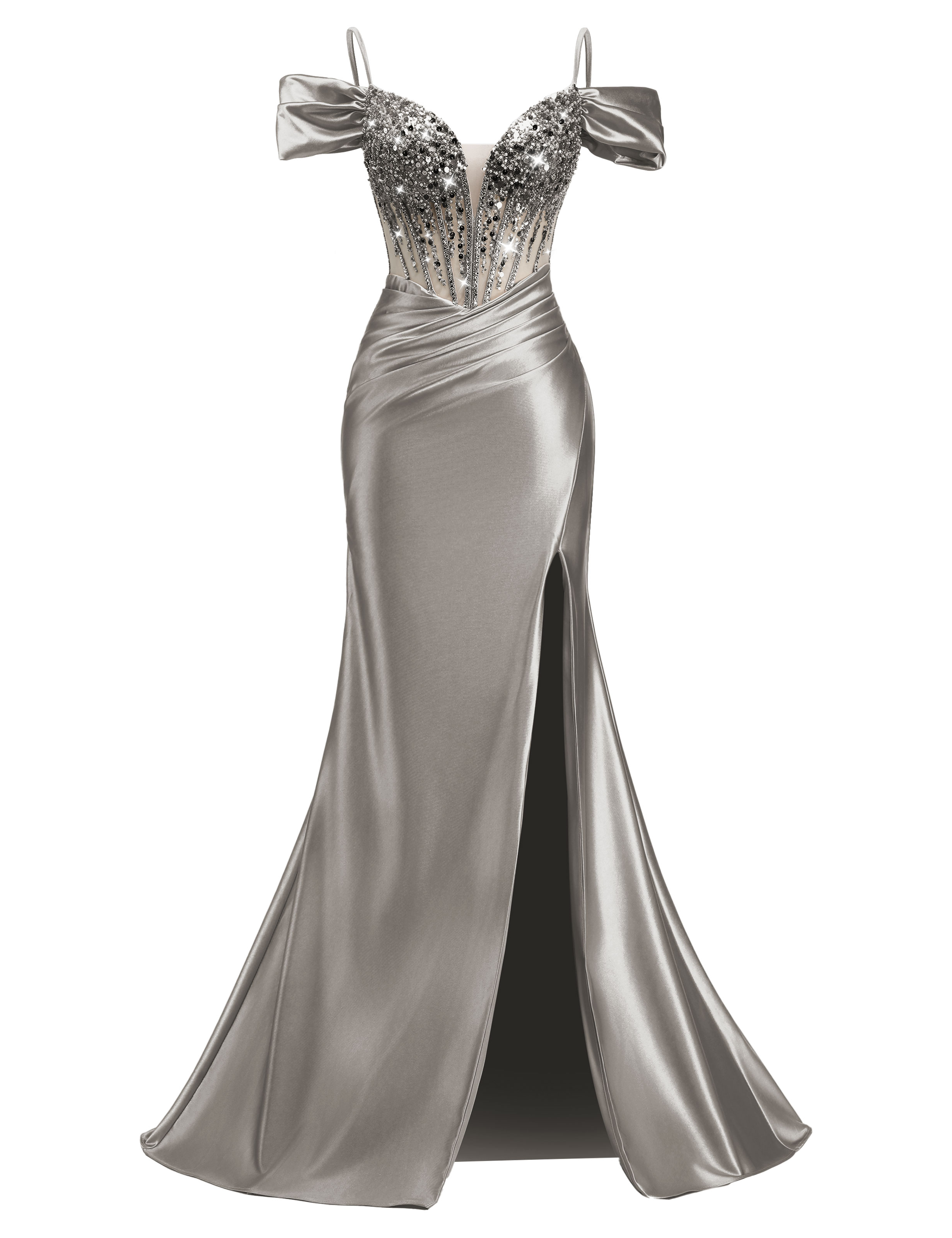 Mermaid V-neck Off Shoulder Beaded Sequin Satin Slit Prom Dress #PR2510014