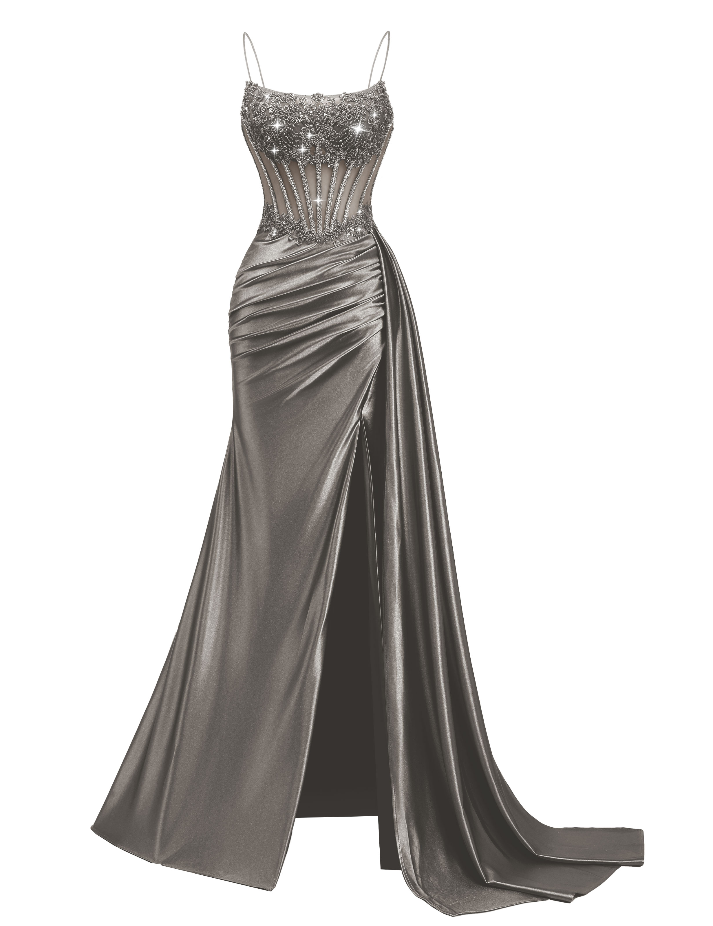 Mermaid Spaghetti Straps Pleated Satin Beaded Slit Prom Dress #PR2510011