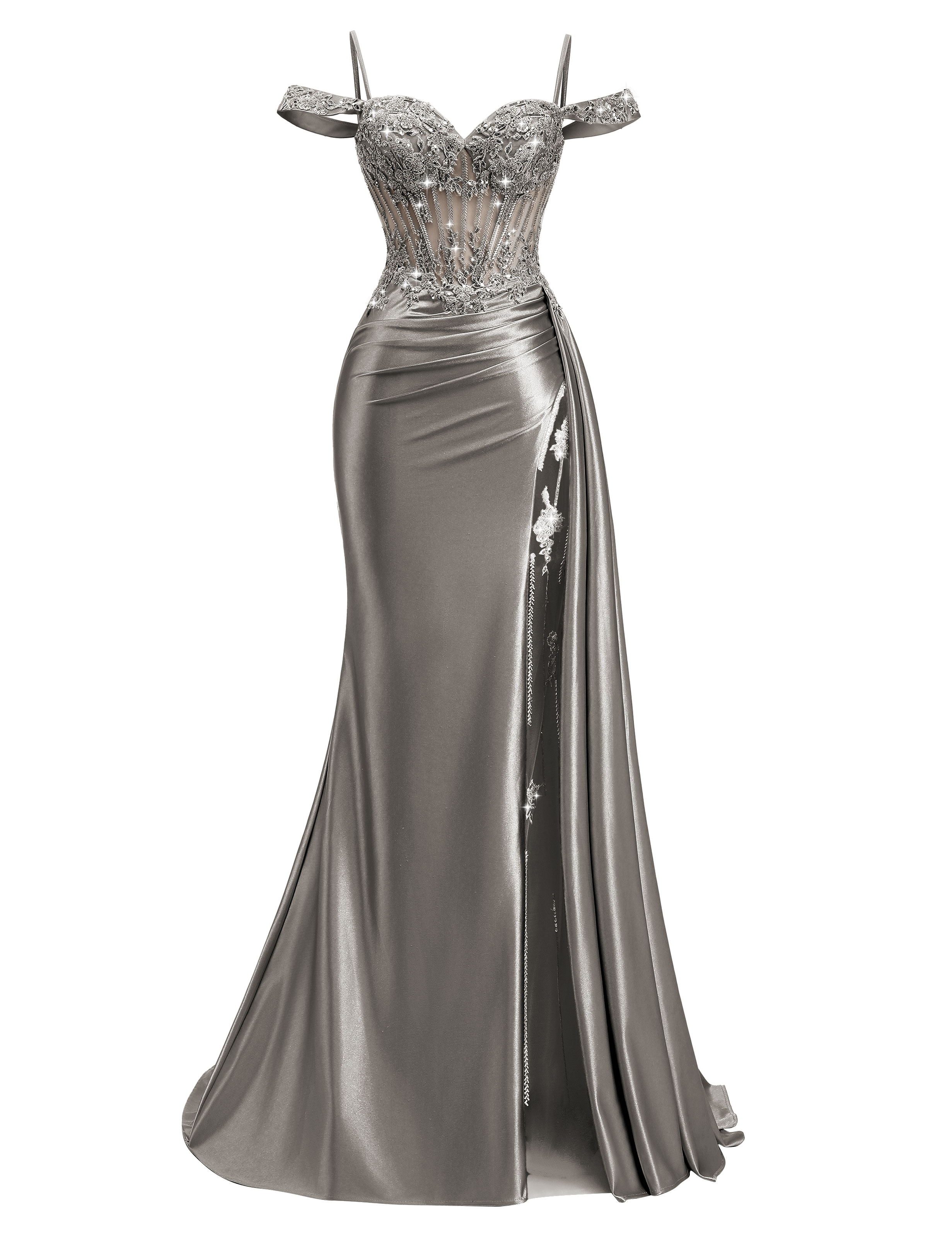 Mermaid Off Shoulder Beaded Sequin Appliques Satin Slit Prom Dress #PR2510009