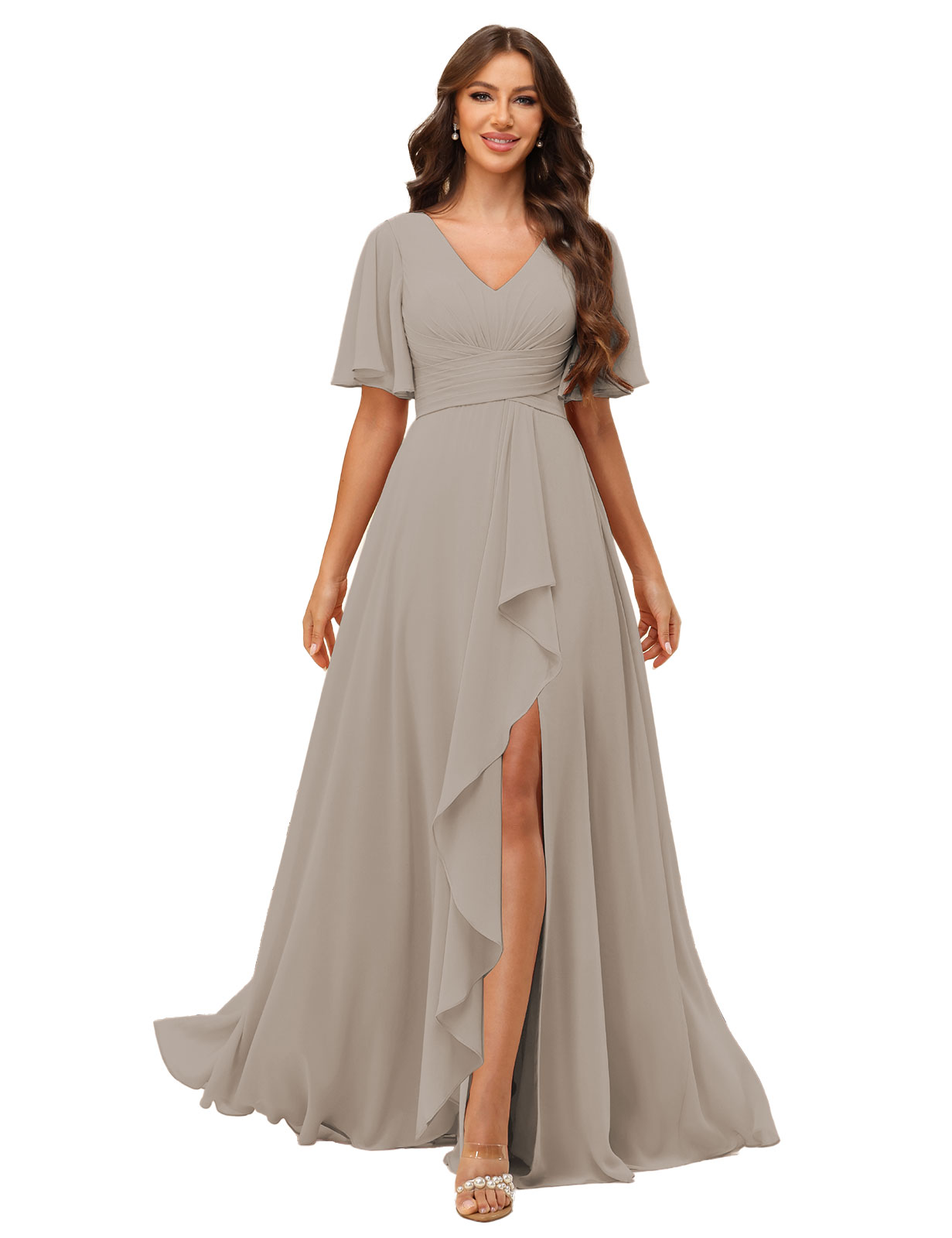 A-line V-neck Short Sleeves Chiffon Silt Bridesmaid Dress #BM2507137