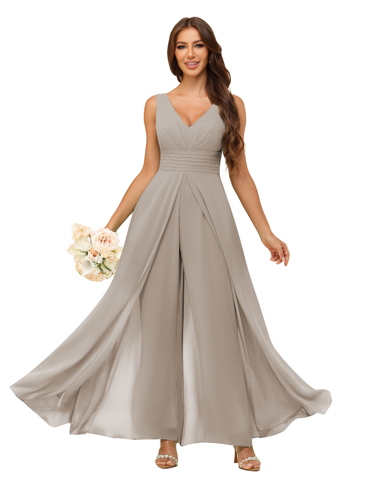 A-line V-neck Chiffon Straps V-back Bridesmaid Dress #PR2507216