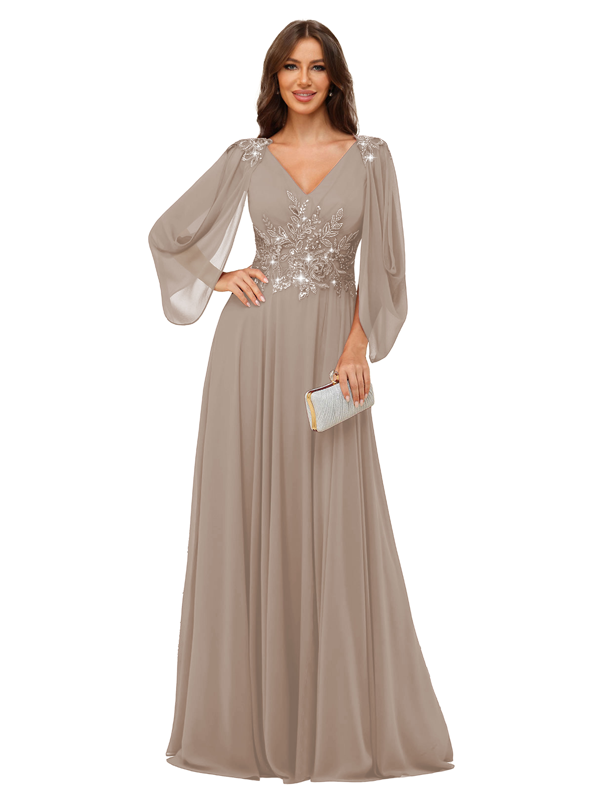 A-line V-neck Chiffon V-back Long Sleeves Mother of The Bride Dress #BM2501034