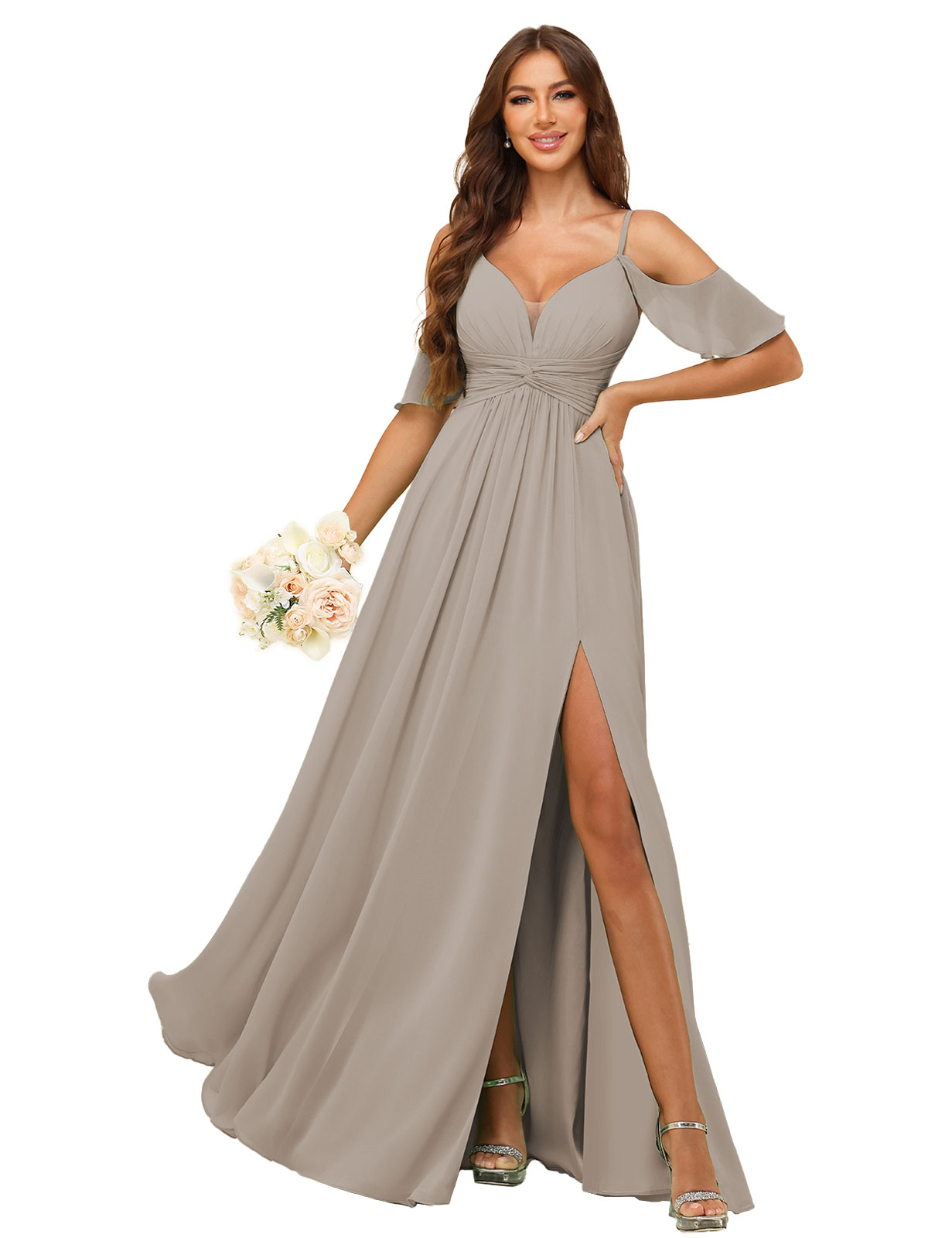 A-line Deep V-neck Spaghetti Straps Chiffon Silt Bridesmaid Dress #BM2507134