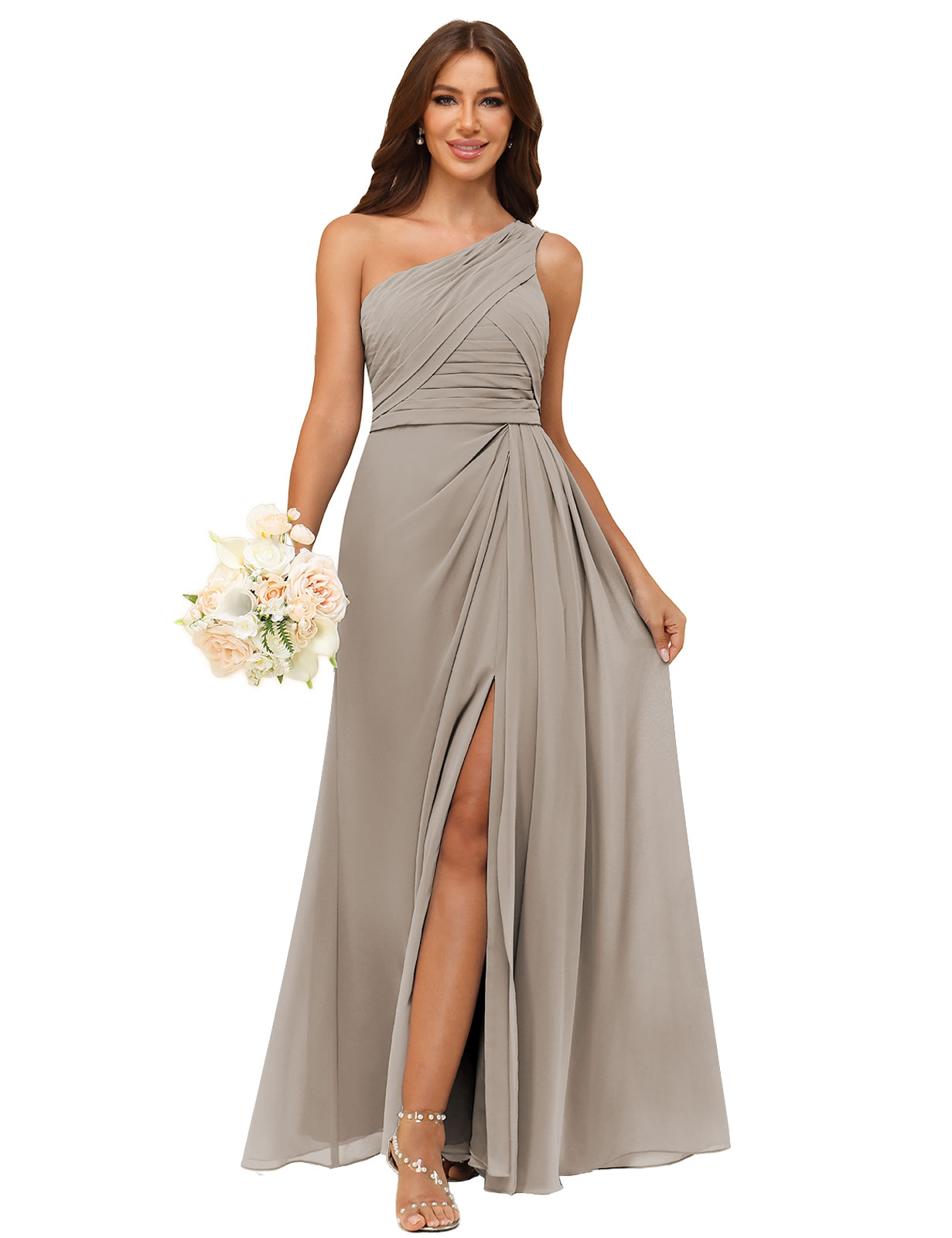 A-line One Shoulder Chiffon Silt Back Zip Bridesmaid Dress #BM2504122