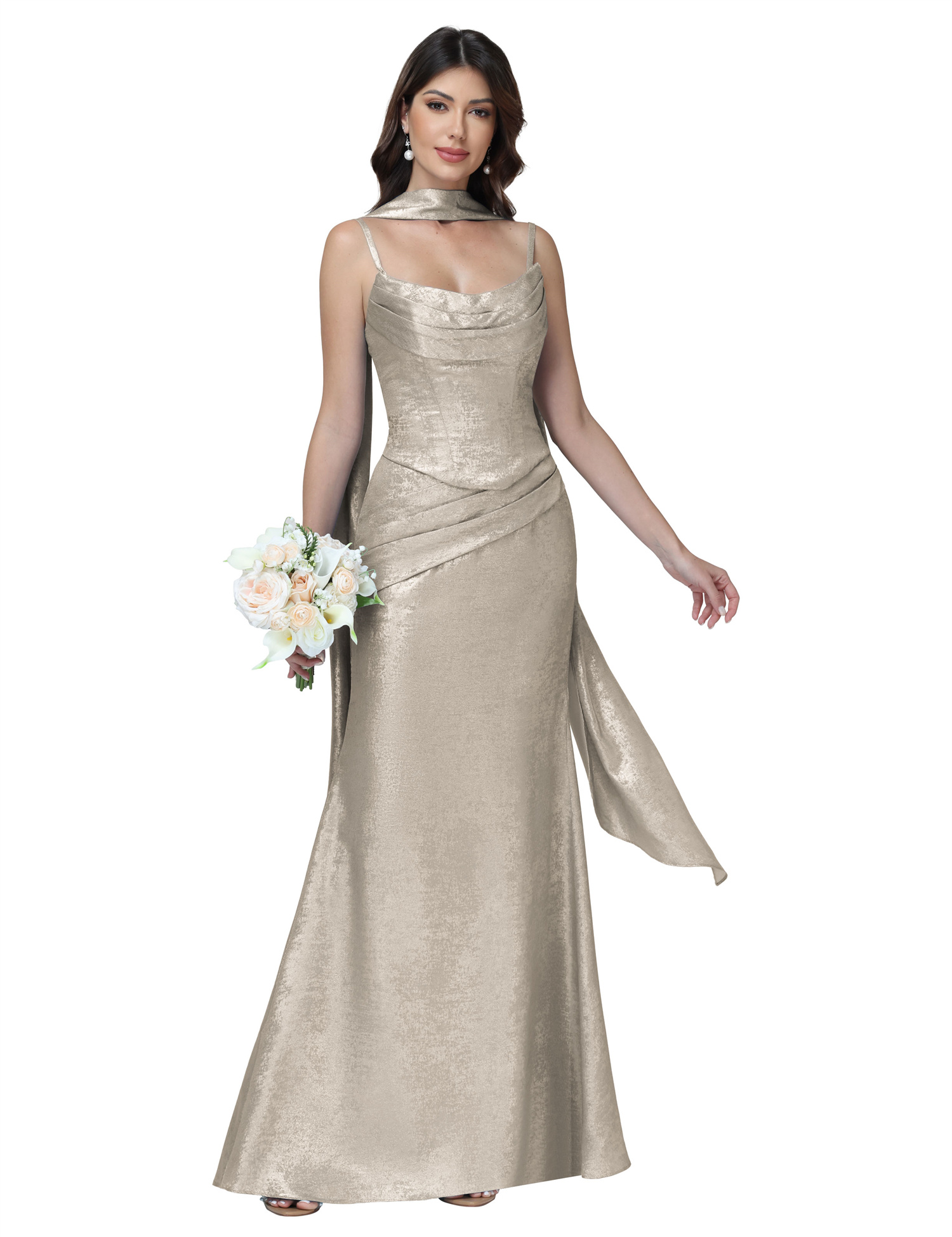 Mermaid Spaghttei Straps Prom Dress 2 Pieces Bridesmaid Dress with Scarf #BM2512054