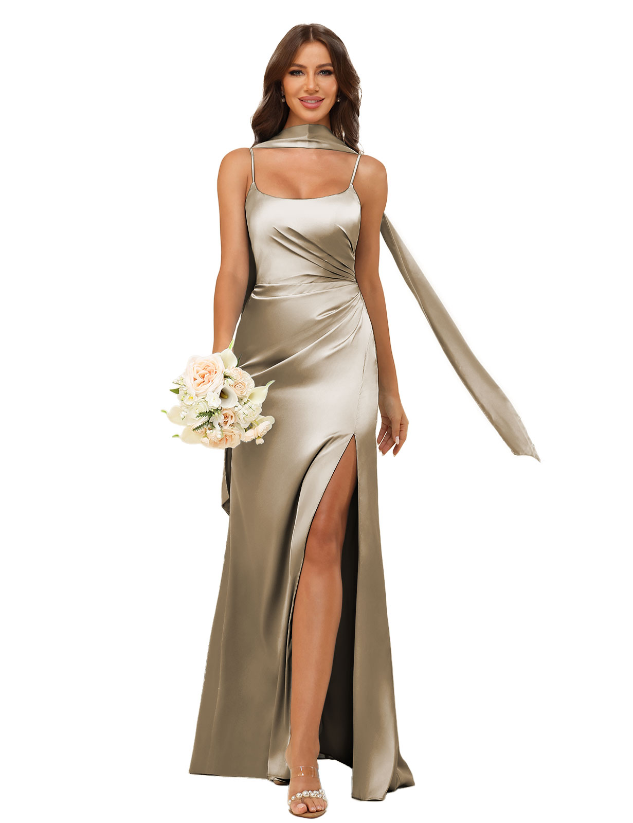 Mermaid U-neck Spaghetti Straps Satin Silt Bridesmaid Dress #BM2507145