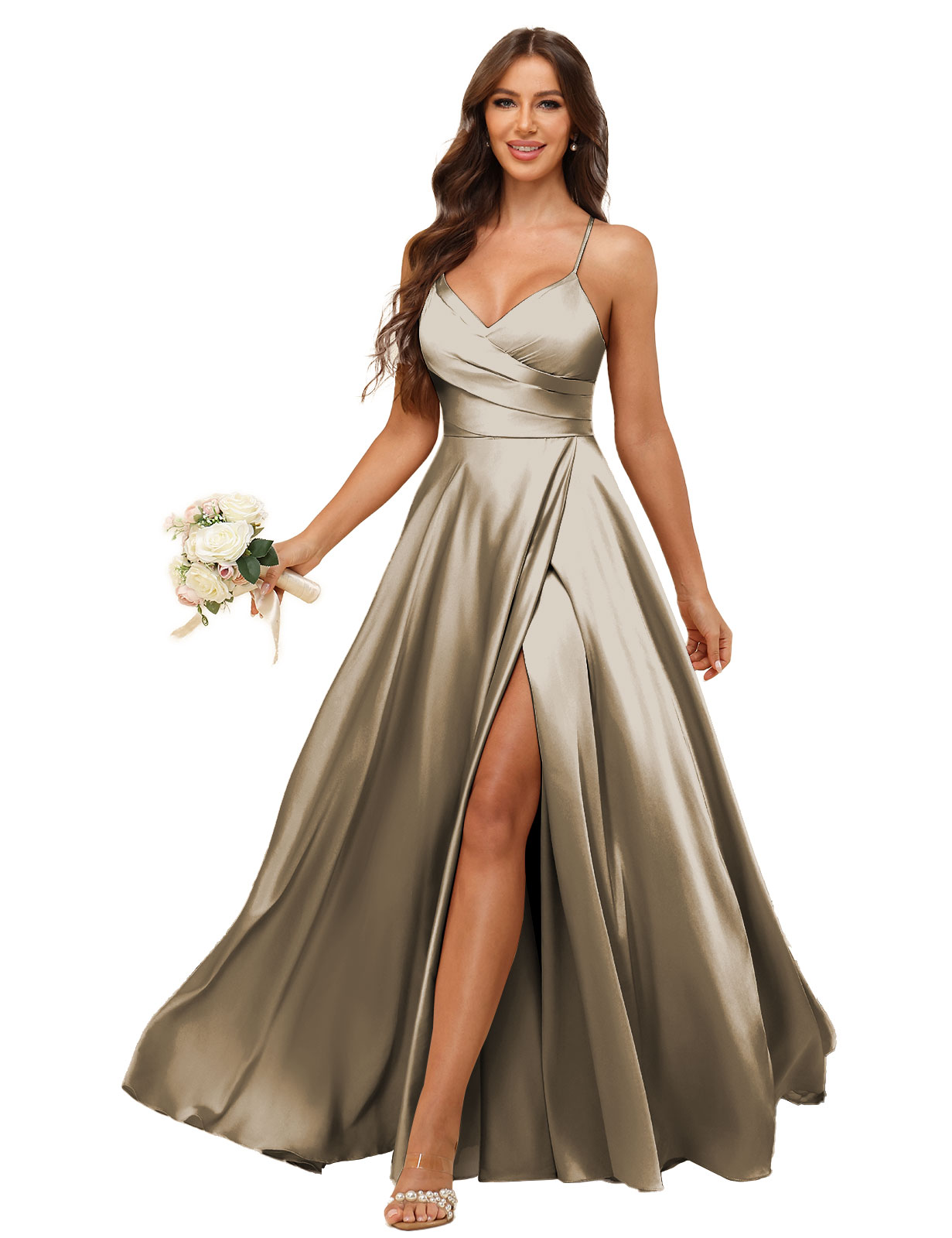 A-line V-neck Spaghetti Straps Satin Silt Bridesmaid Dress #BM2507218