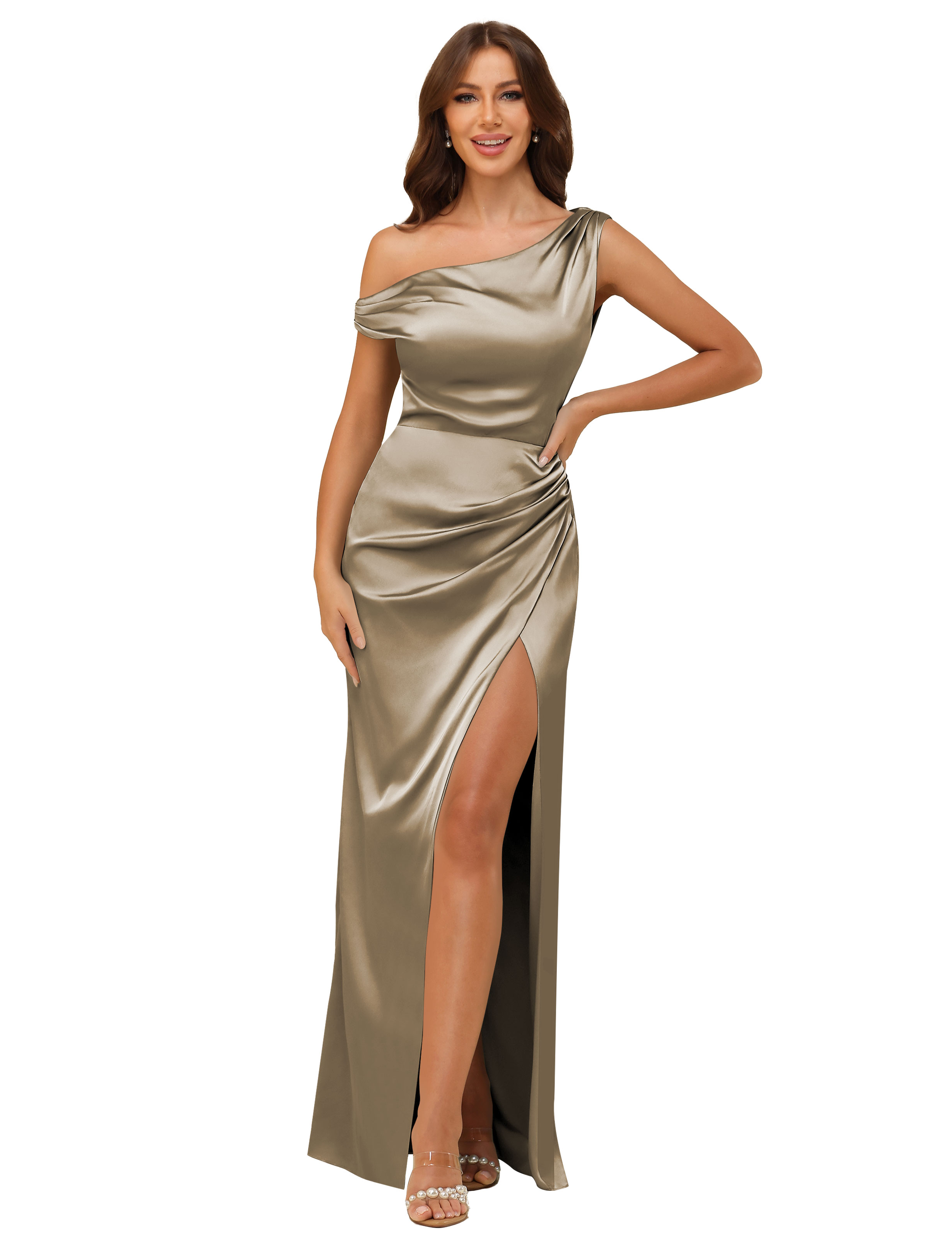 Sheath One Shoulder Satin Silt Side Zip Bridesmaid Dress #BM2507059