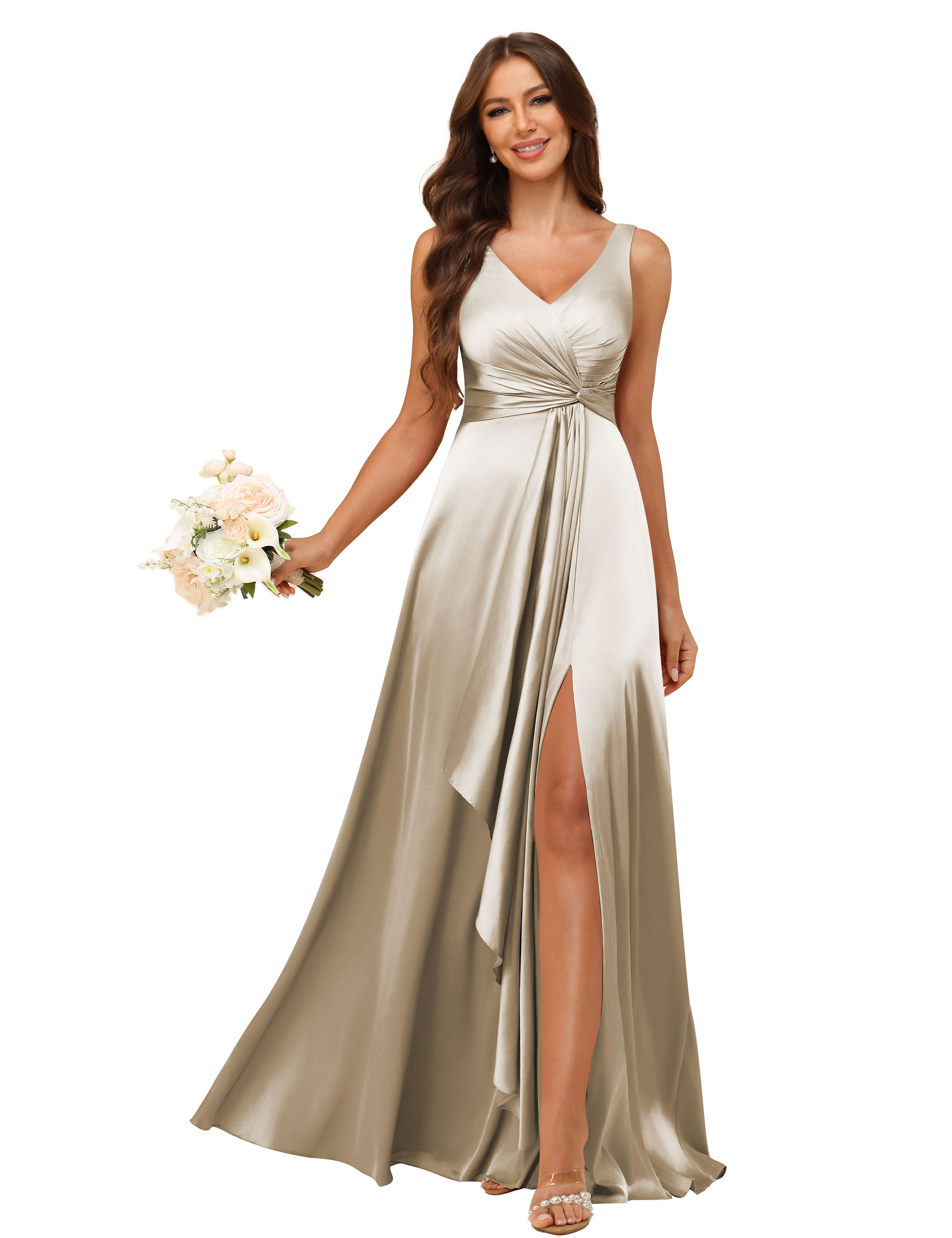 A-line V-neck Straps Satin Silt Lace Up Bridesmaid Dress #BM2507147