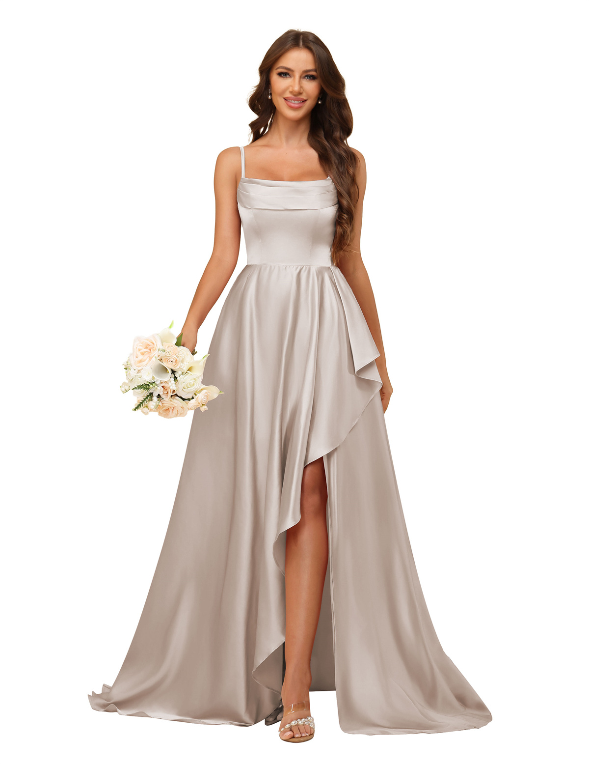 A-line U-neck Spaghetti Straps Satin Silt Bridesmaid Dress #BM2507213