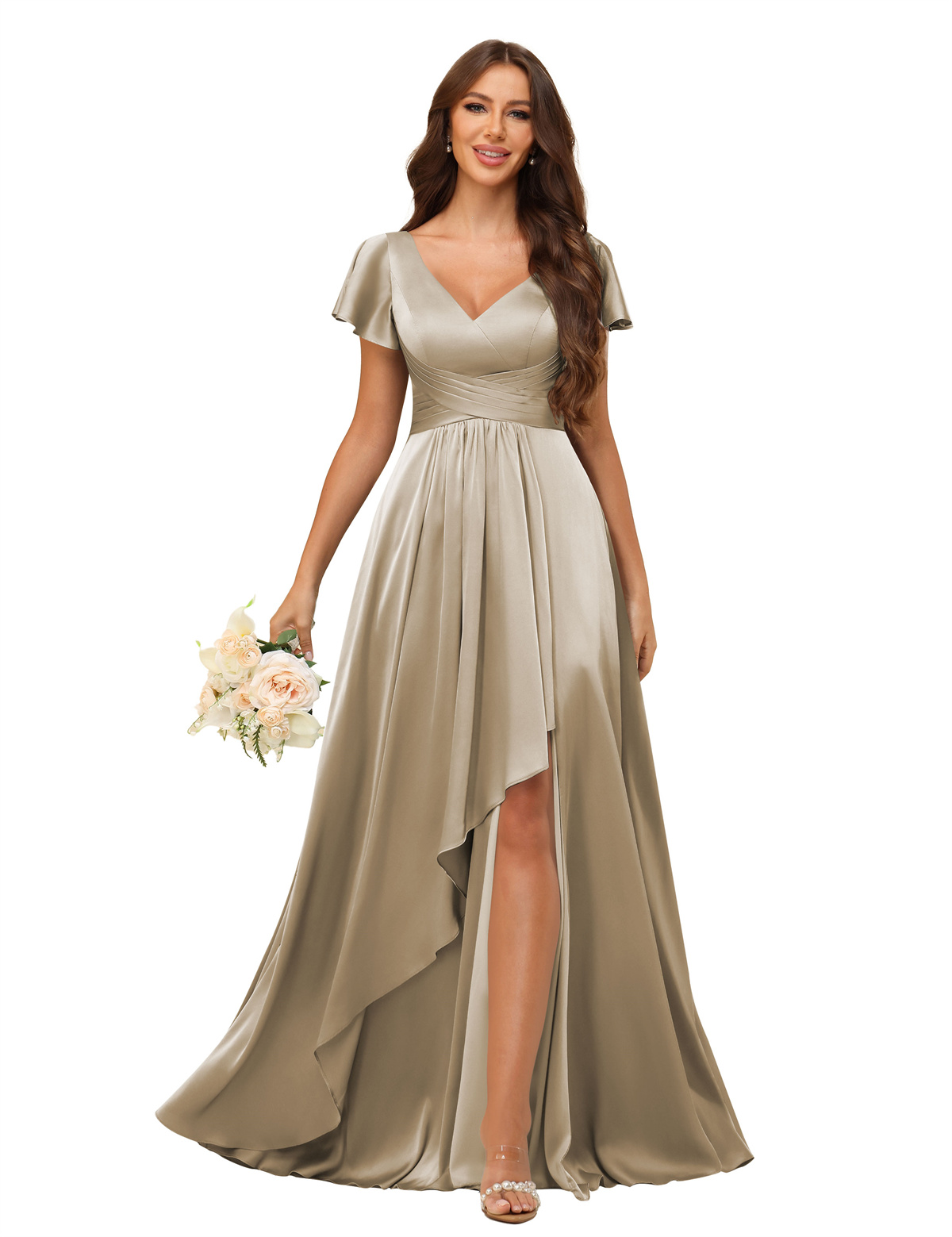 A-line V-neck Short Sleeves Satin Silt Bridesmaid Dress #BM2508022