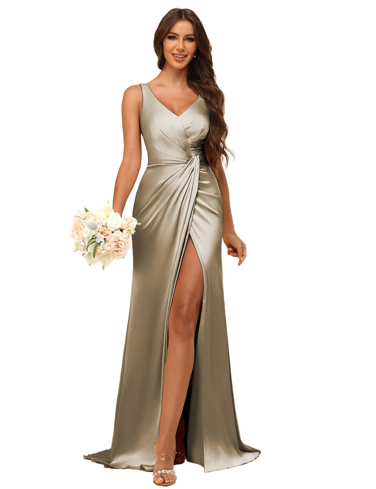 Mermaid V-neck Straps Satin Silt Bridesmaid Dress #BM2507144