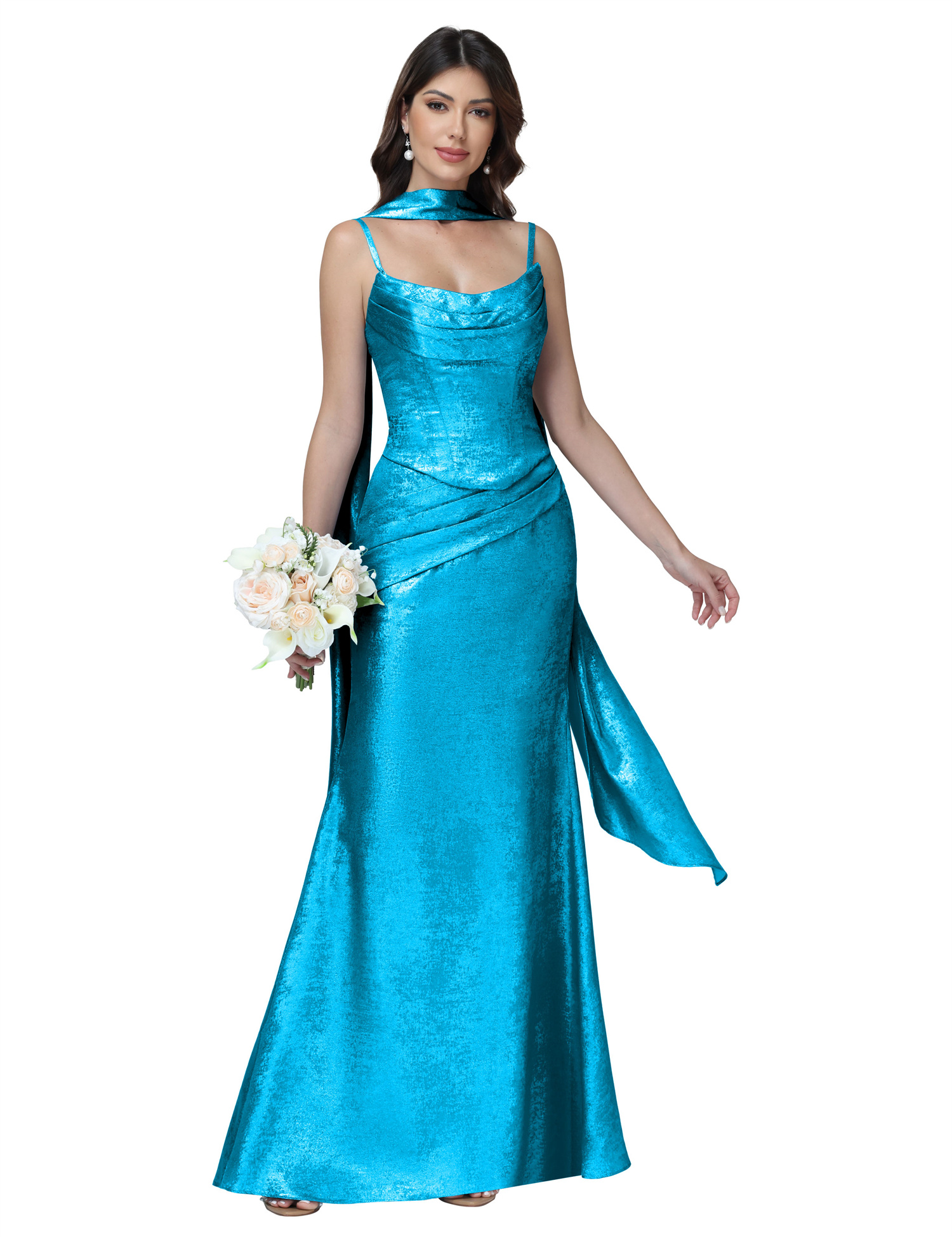 Mermaid Spaghttei Straps Prom Dress 2 Pieces Bridesmaid Dress with Scarf #BM2512054