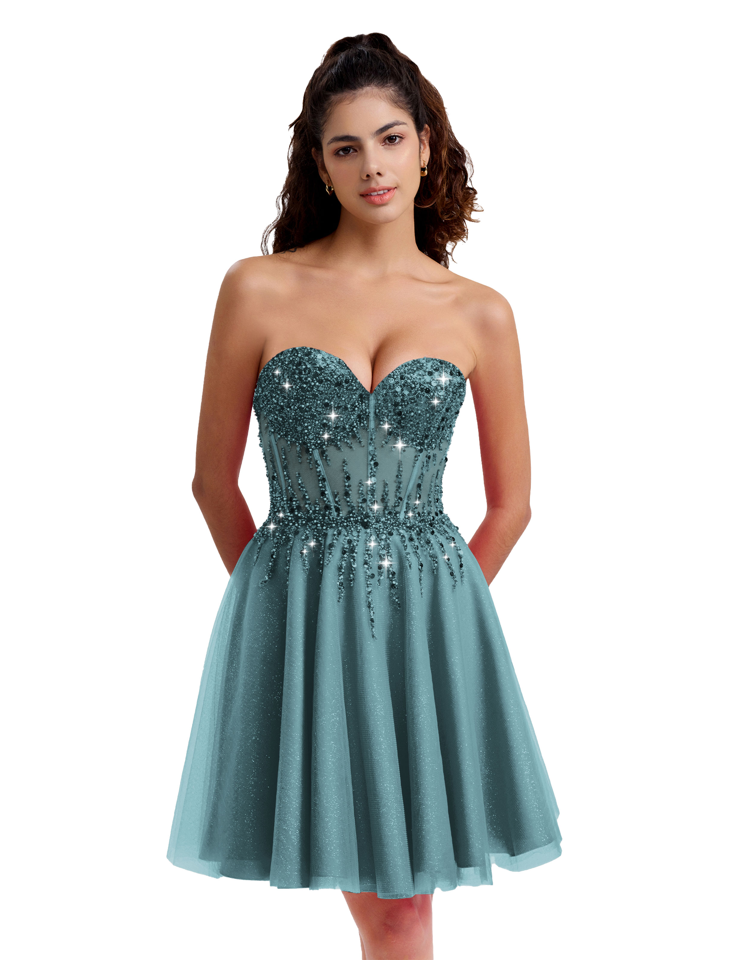 Sparkly A-line Sweetheart Tulle Beaded Party Homecoming Dress #HC2402135