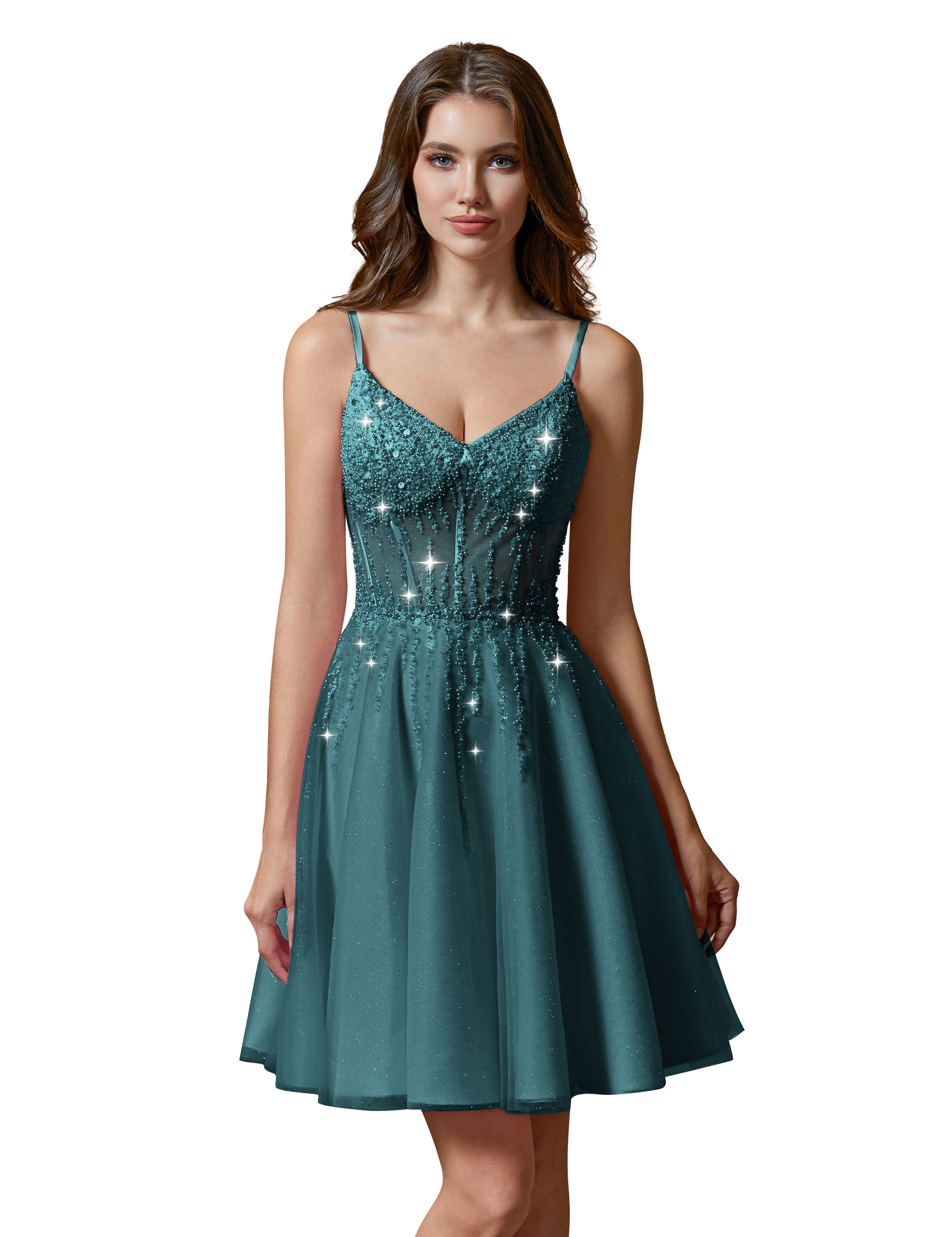 A-line V-Neck Sparkly Tulle Lace Appliques Homecoming Dress #HC2401738