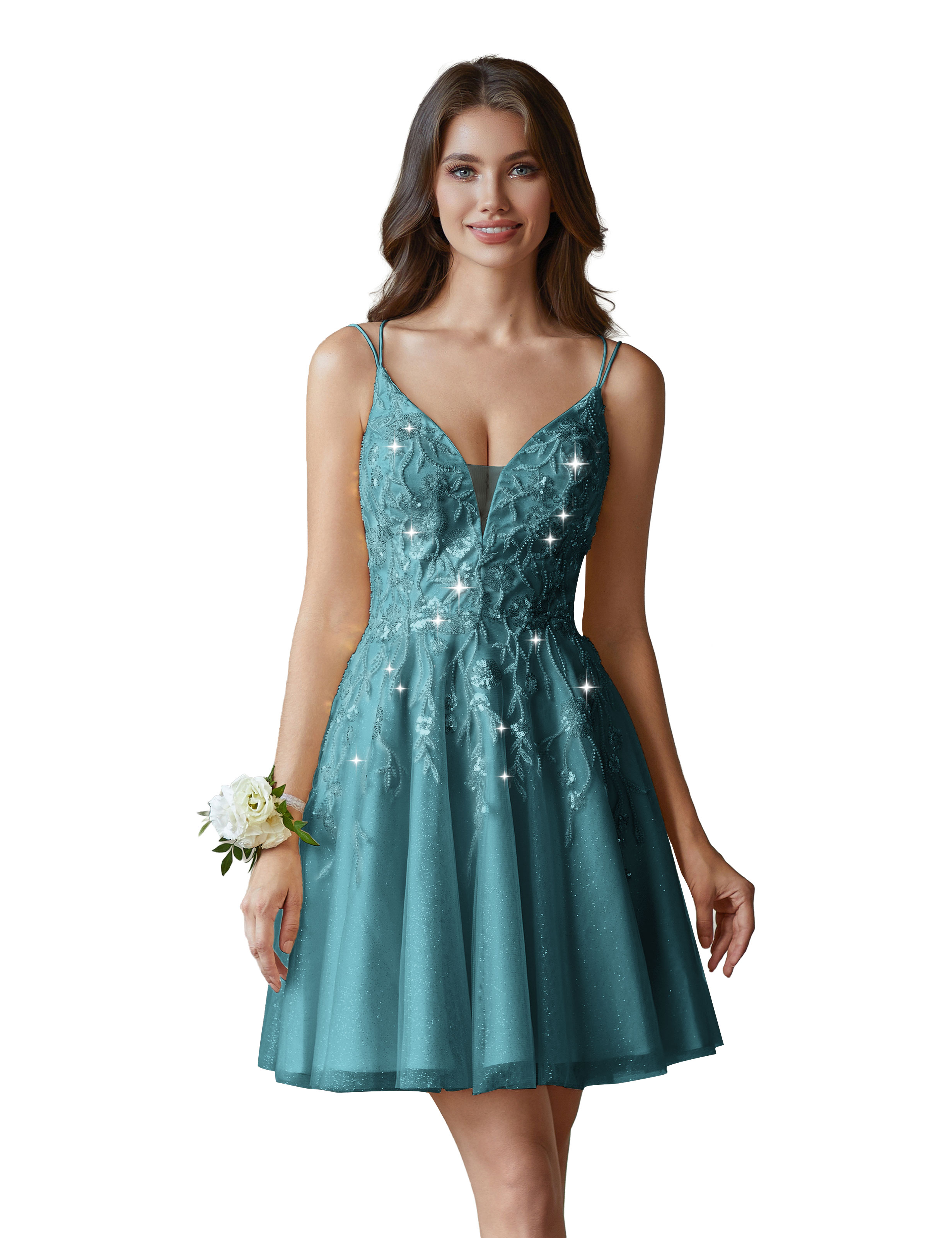 A-line V-Neck Tulle Beaded Lace Appliques Cocktail Homecoming Dress #HC2402602
