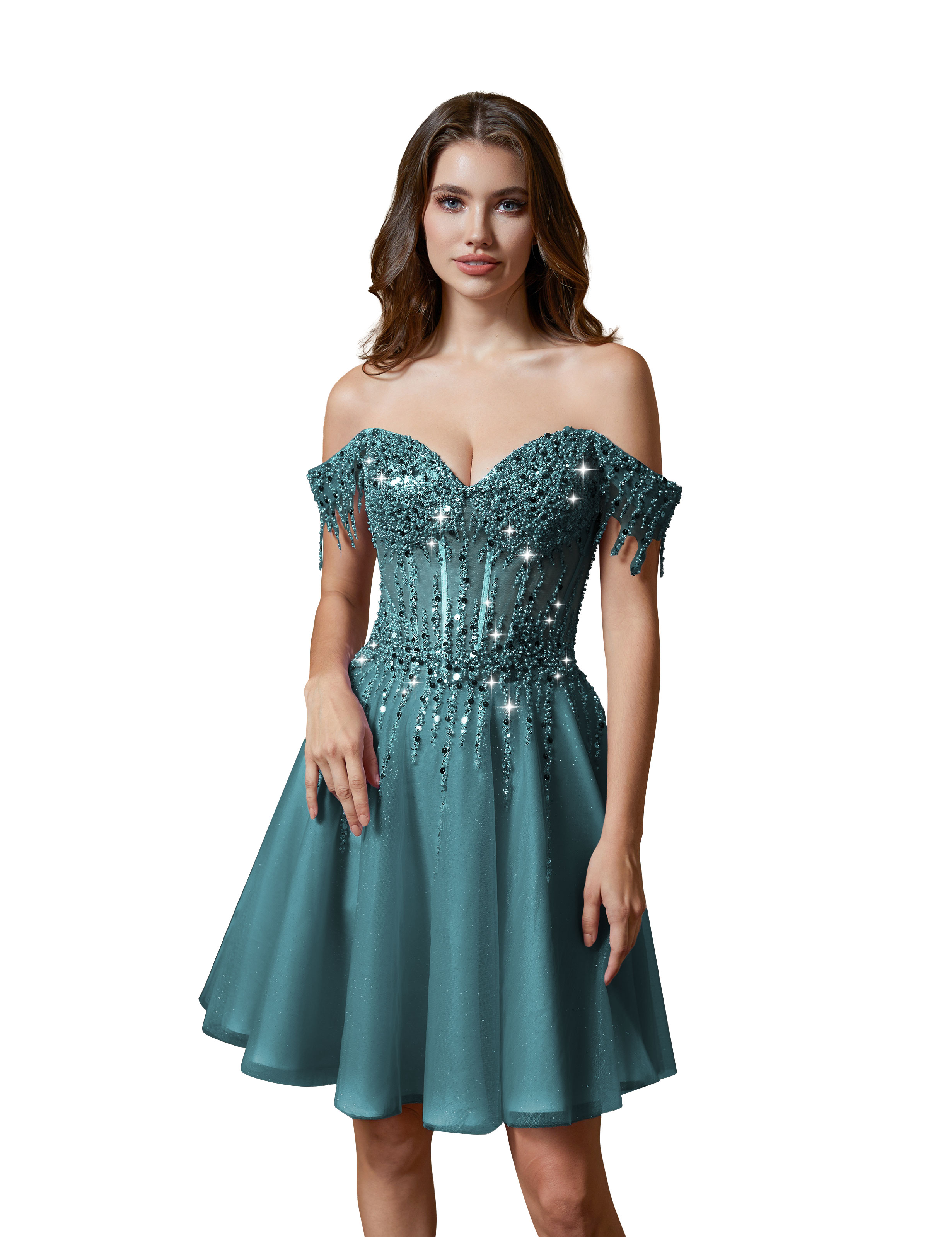 A-line Off Shoulder Lace Appliques Sparkly Sequin Tulle Homecoming Dress #HC2401169