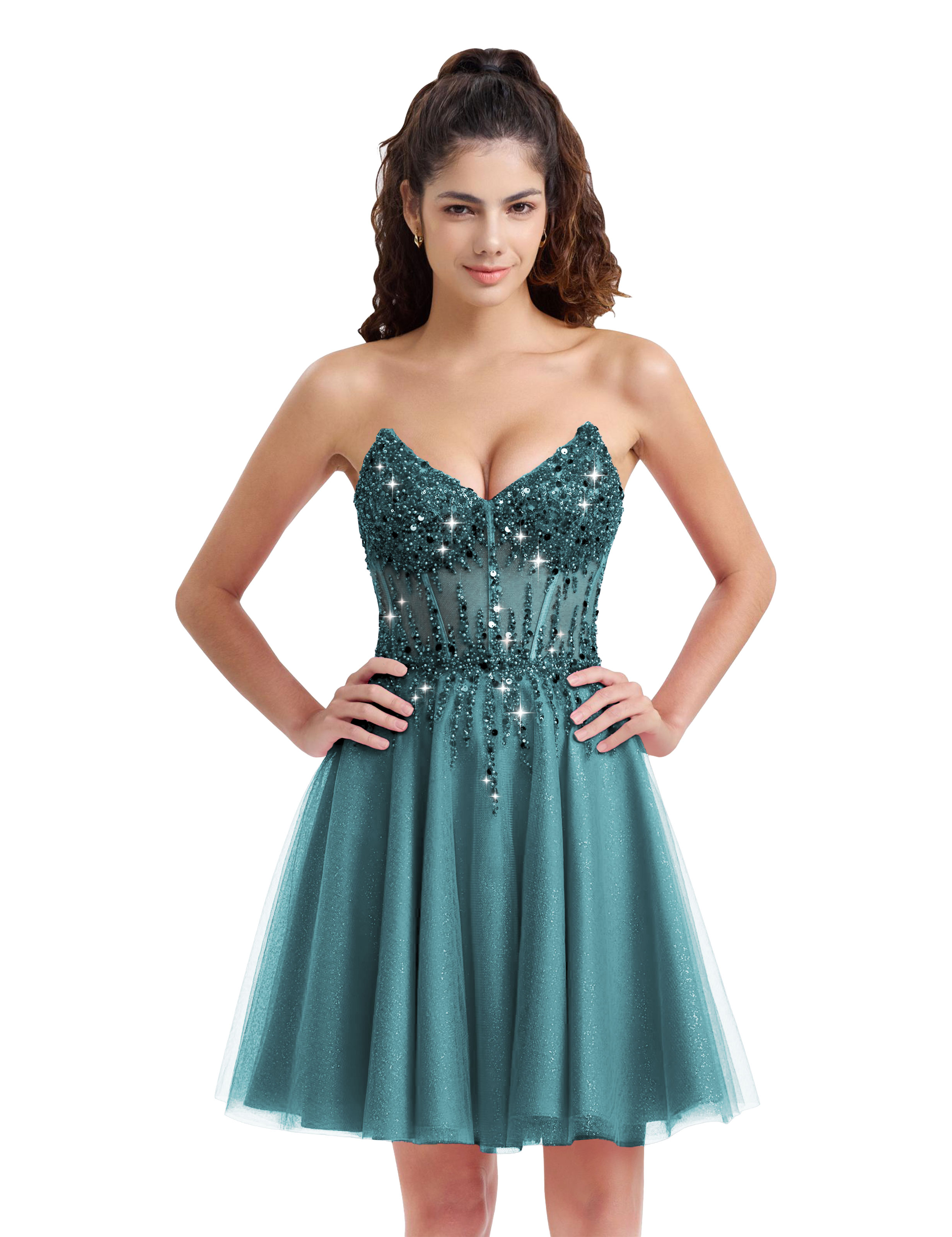Sparkly A-line V-Neck Tulle Strapless Beaded Homecoming Dress #HC2402127