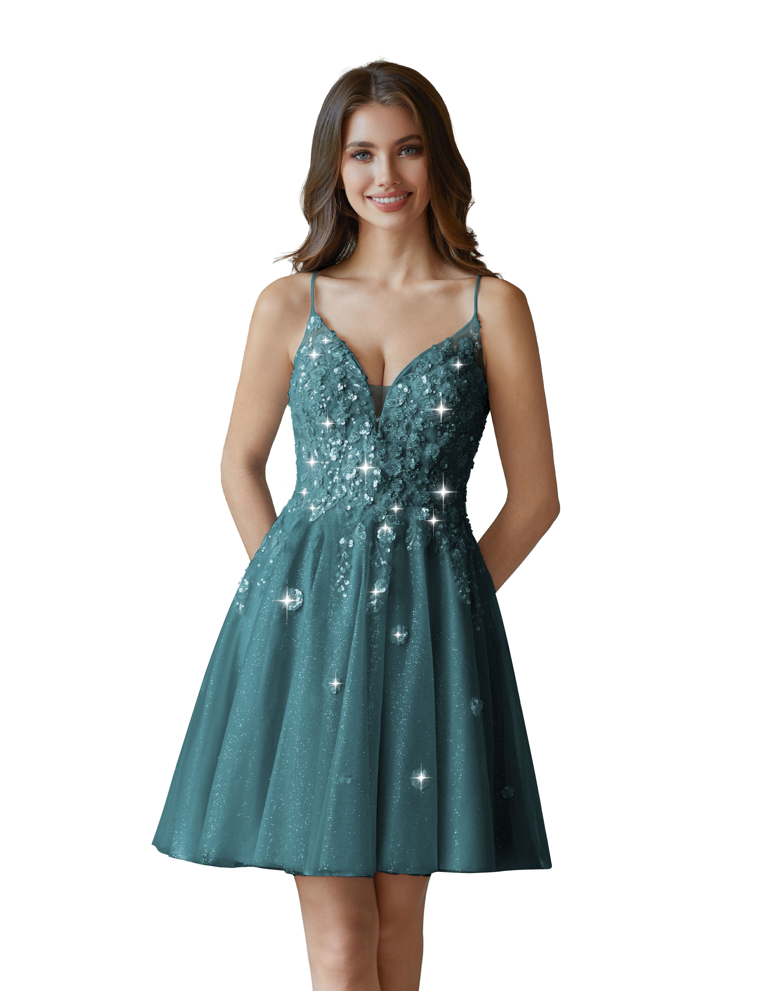 V-Neck Sspaghetti Strap Sparkly Lace Sequin Short Tulle Homecoming Dress #HC2604021
