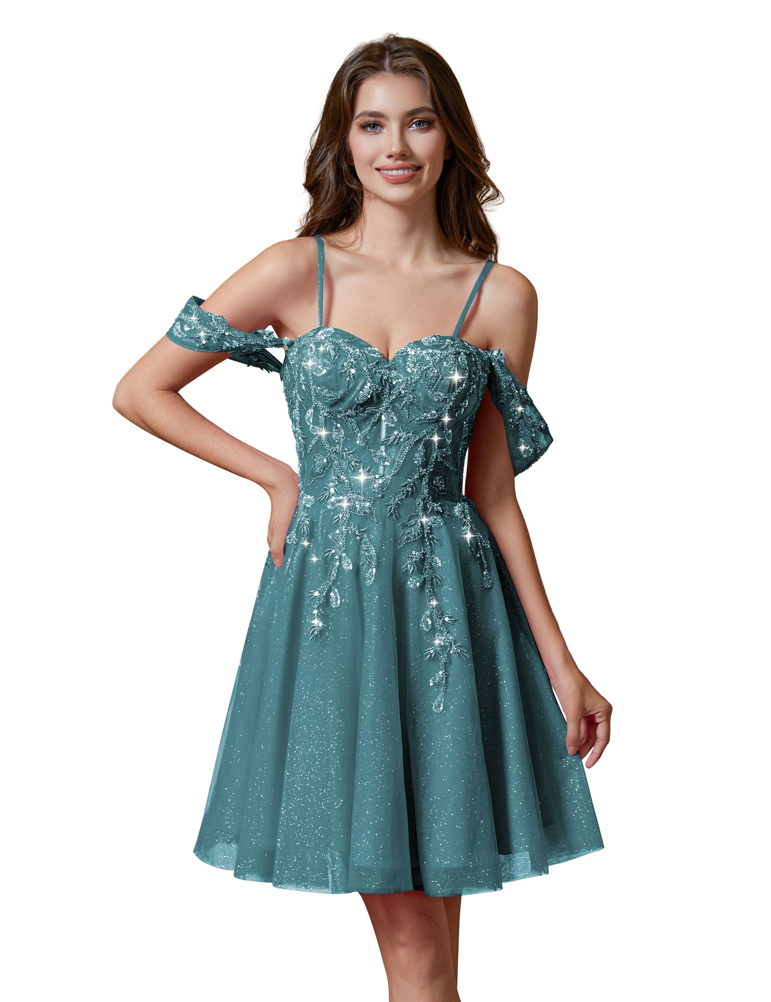 A-line Spaghetti Straps Lace Applique Cocktail Party Homecoming Dress #HC2401237