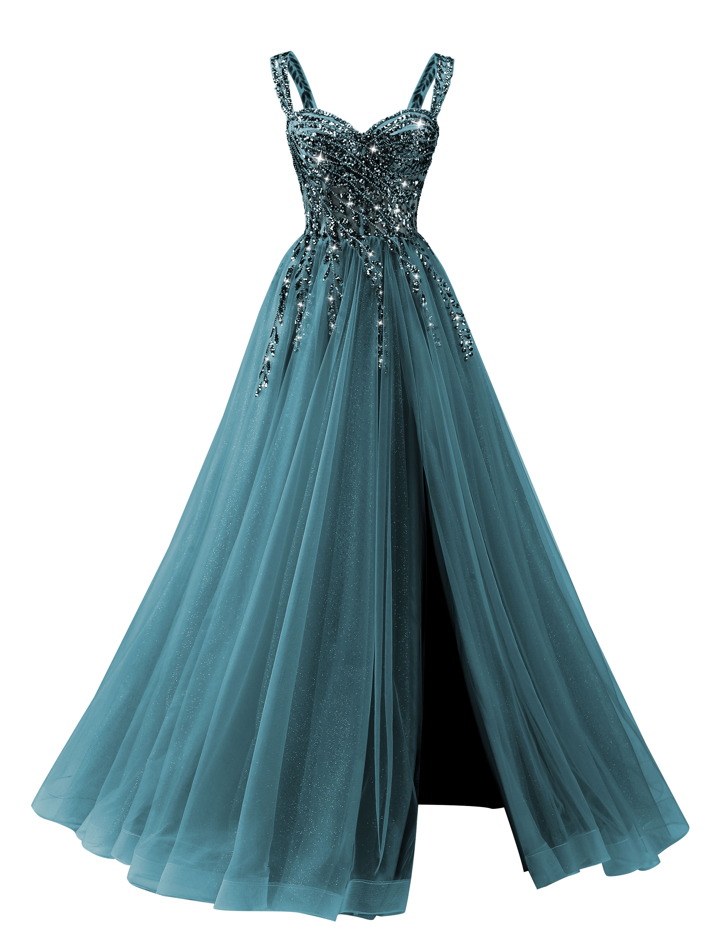 A-line Sweetheart Sparkly Tulle Sequins Beaded Slit Corset Prom Dress #PR2512071