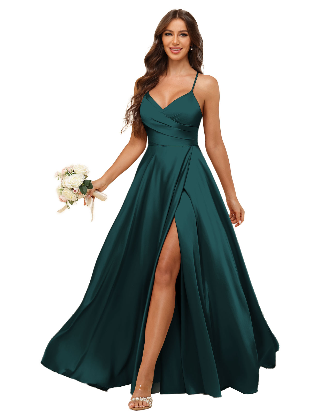 A-line V-neck Spaghetti Straps Satin Silt Bridesmaid Dress #BM2507218