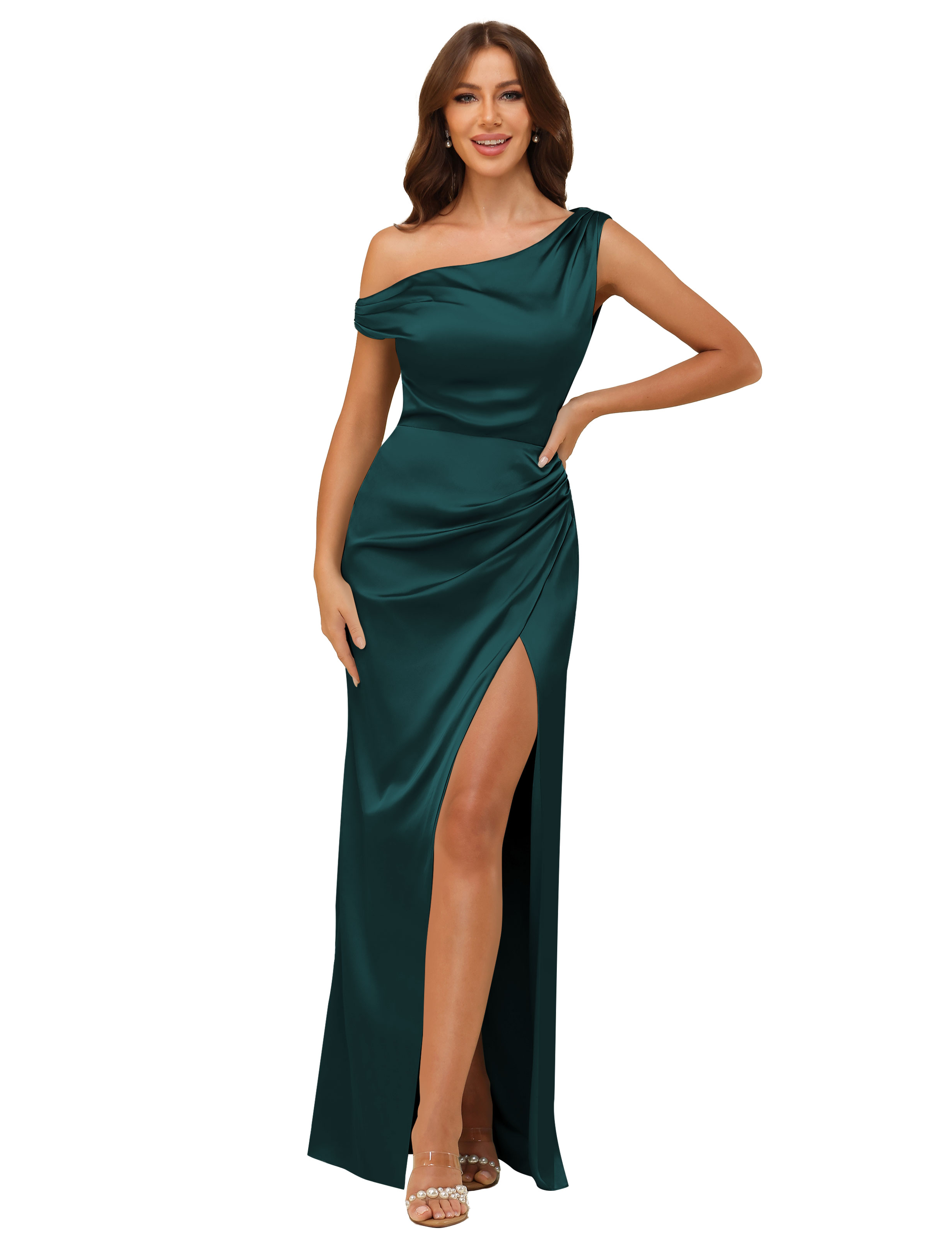 Sheath One Shoulder Satin Silt Side Zip Bridesmaid Dress #BM2507059