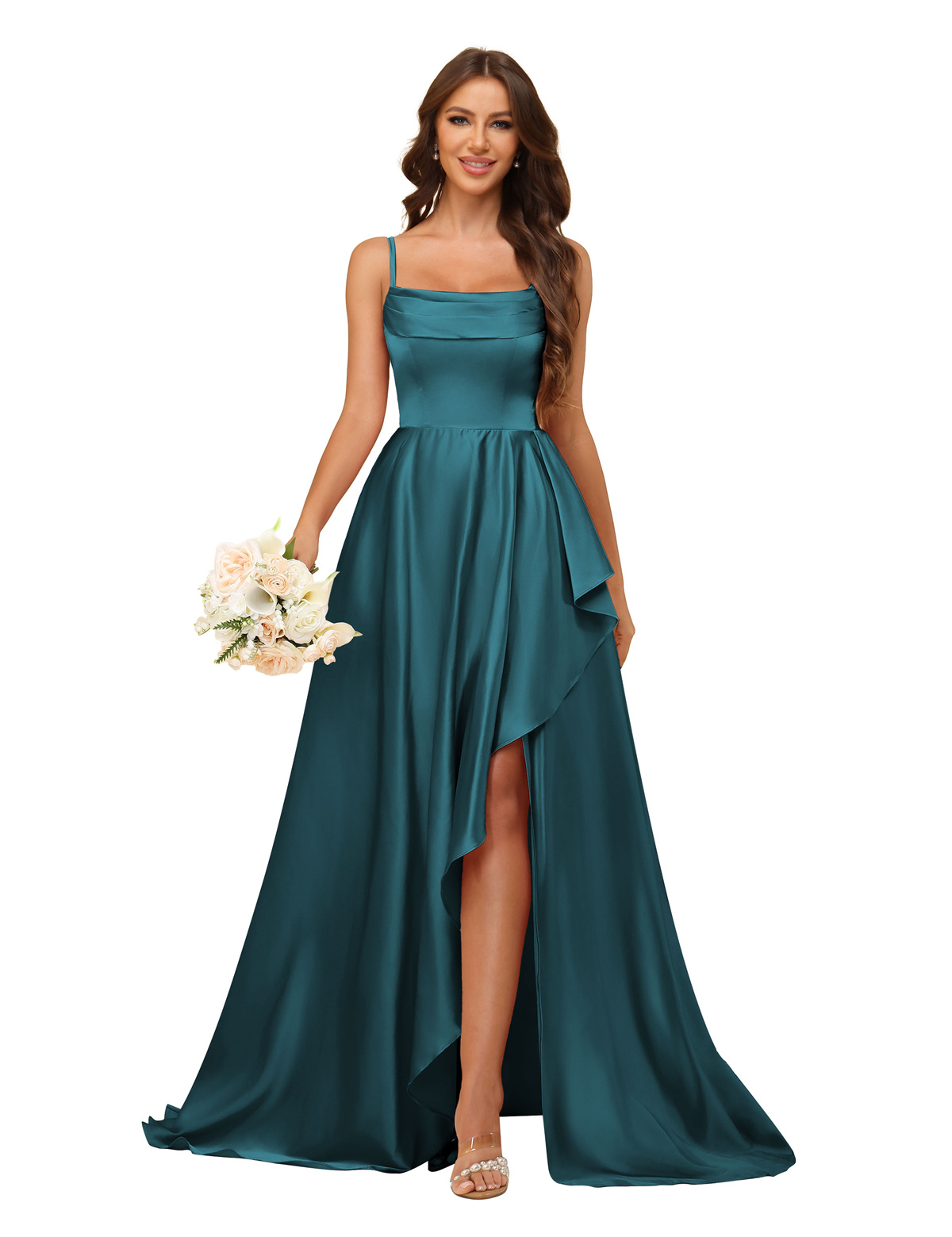 A-line U-neck Spaghetti Straps Satin Silt Bridesmaid Dress #BM2507213