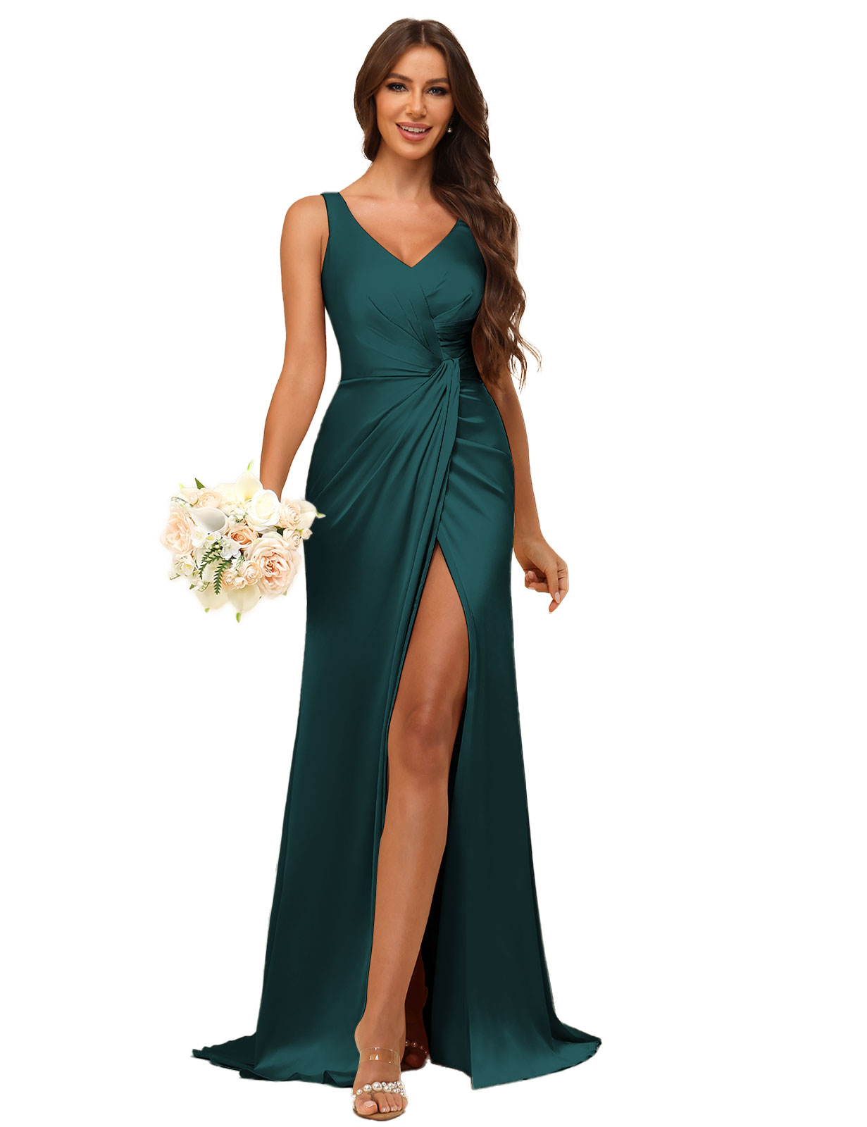 Mermaid V-neck Straps Satin Silt Bridesmaid Dress #BM2507144
