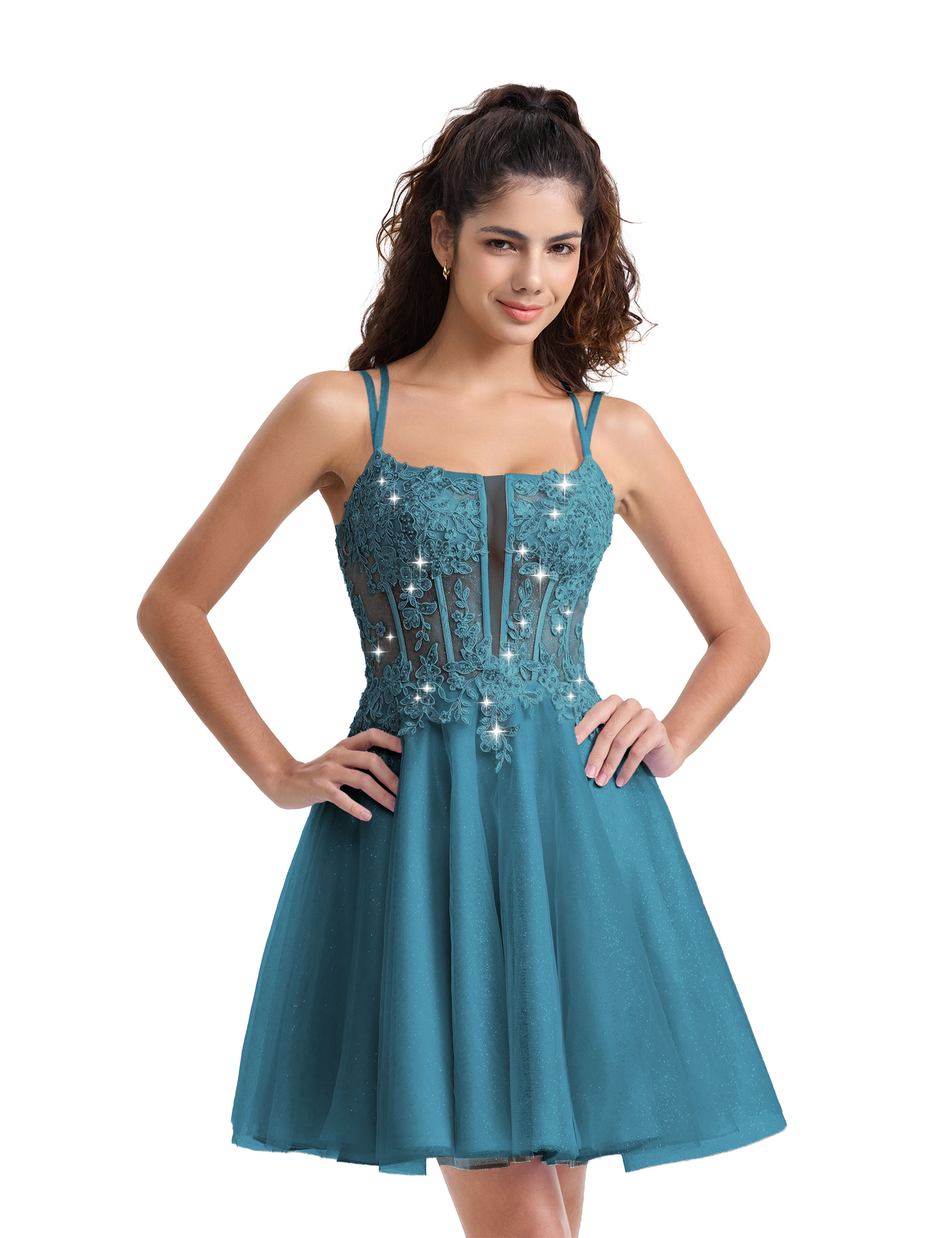 A-line Spaghetti Strap Tulle Lace Appliques Cocktail Homecoming Dress #HC2402129