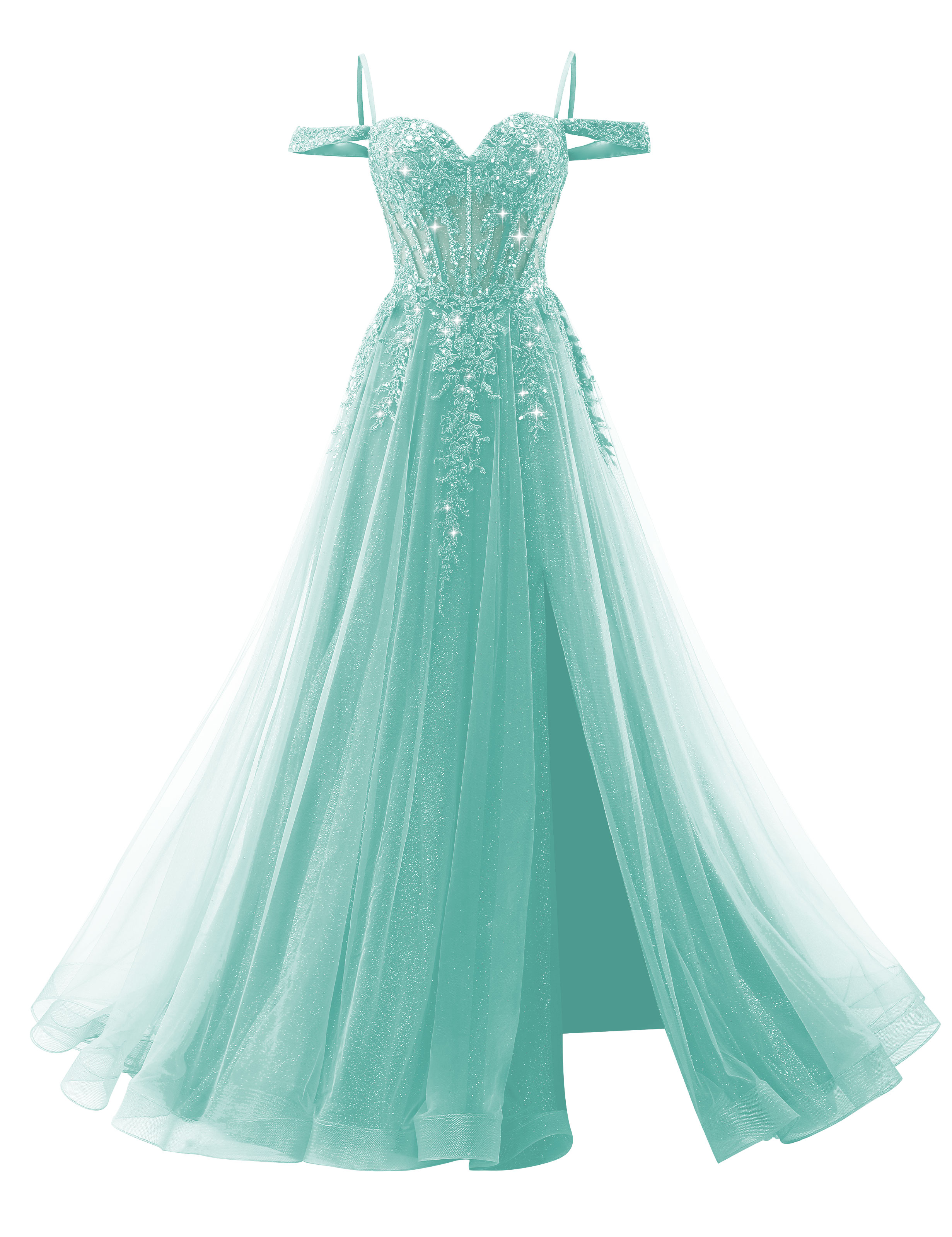 A-line Sweetheart Off Shoulder Corset Lace Appliques Sparkly Tulle Prom Dress #PR2511040