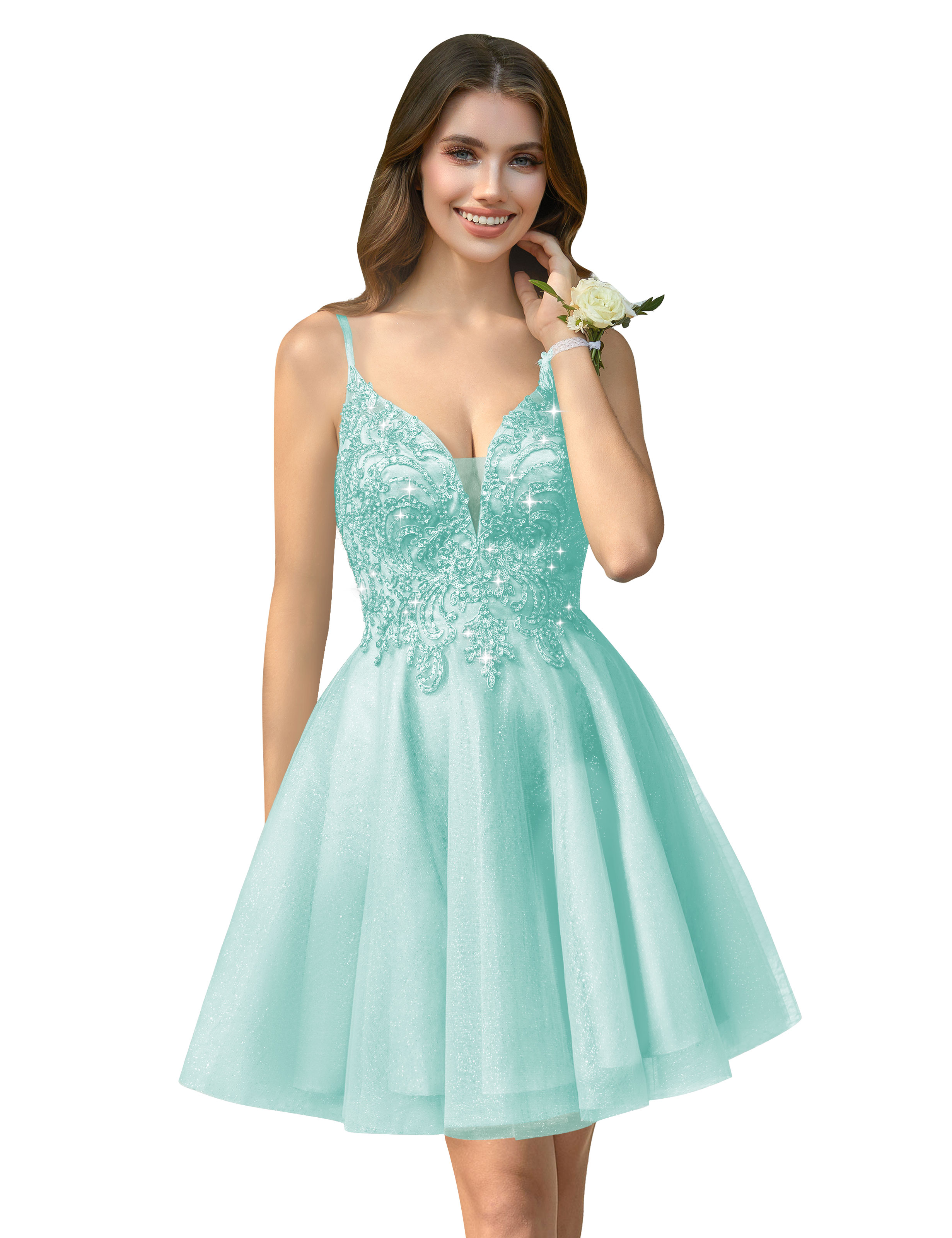 A-line V-neck Spaghetti Strap Sparkly Beaded Tulle Homecoming Dress #HC2401940
