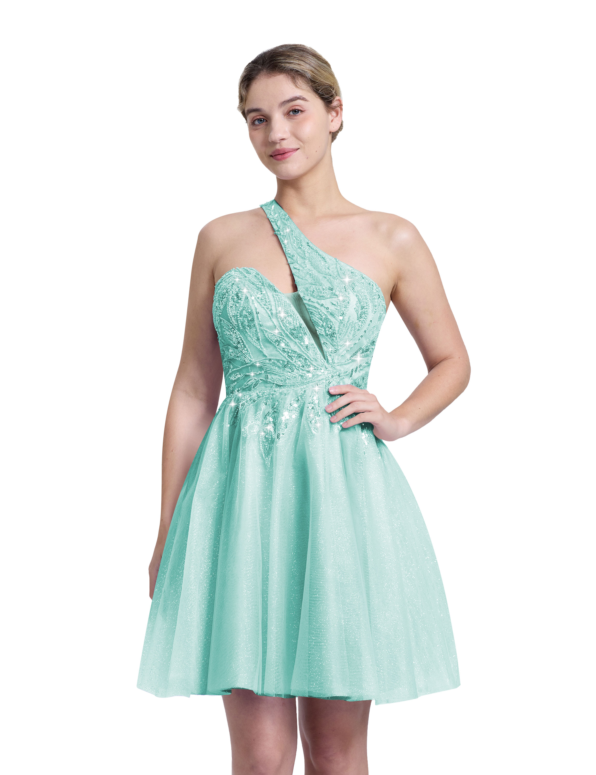 A-line One Shoulder Sequin Lace Beaded Cocktail Party Homecoming Dress #HC2604029