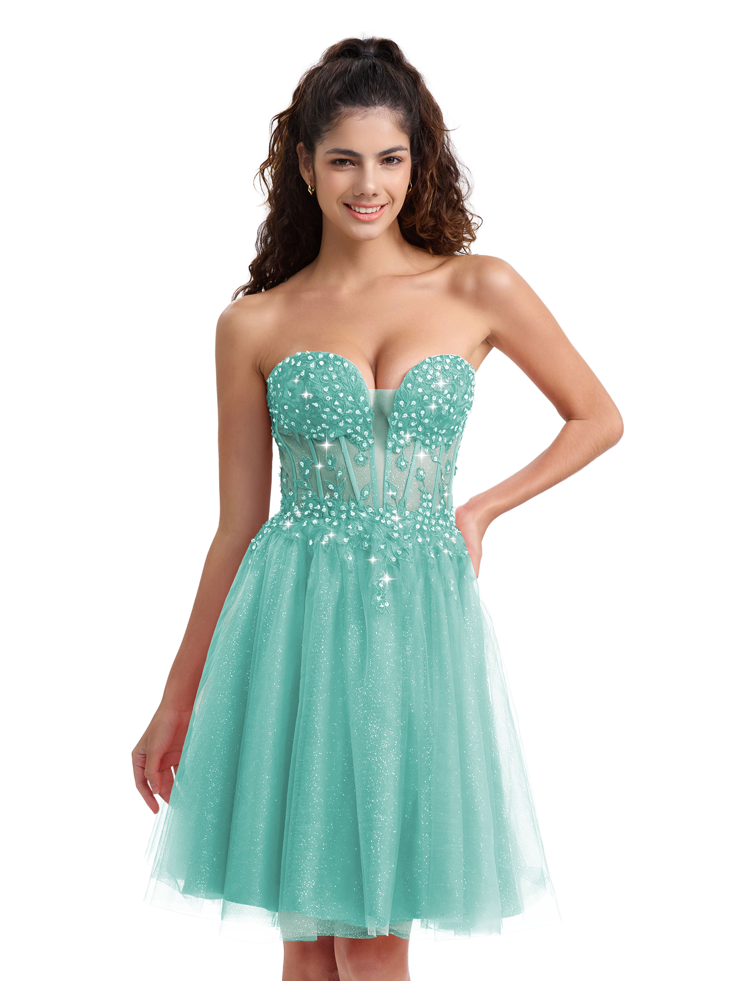 A-line Sweetheart Tulle Lace Appliques Homecoming Dress #HC2604033