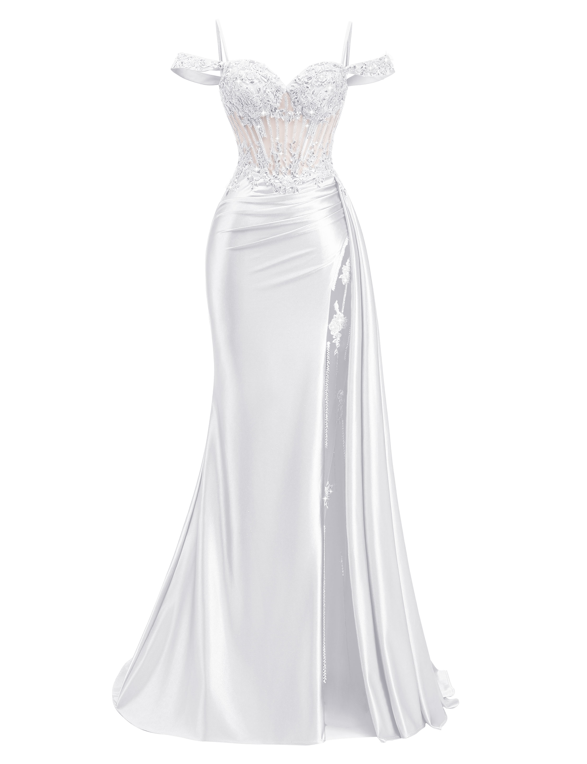 Mermaid Off Shoulder Beaded Sequin Appliques Satin Slit Prom Dress #PR2510009