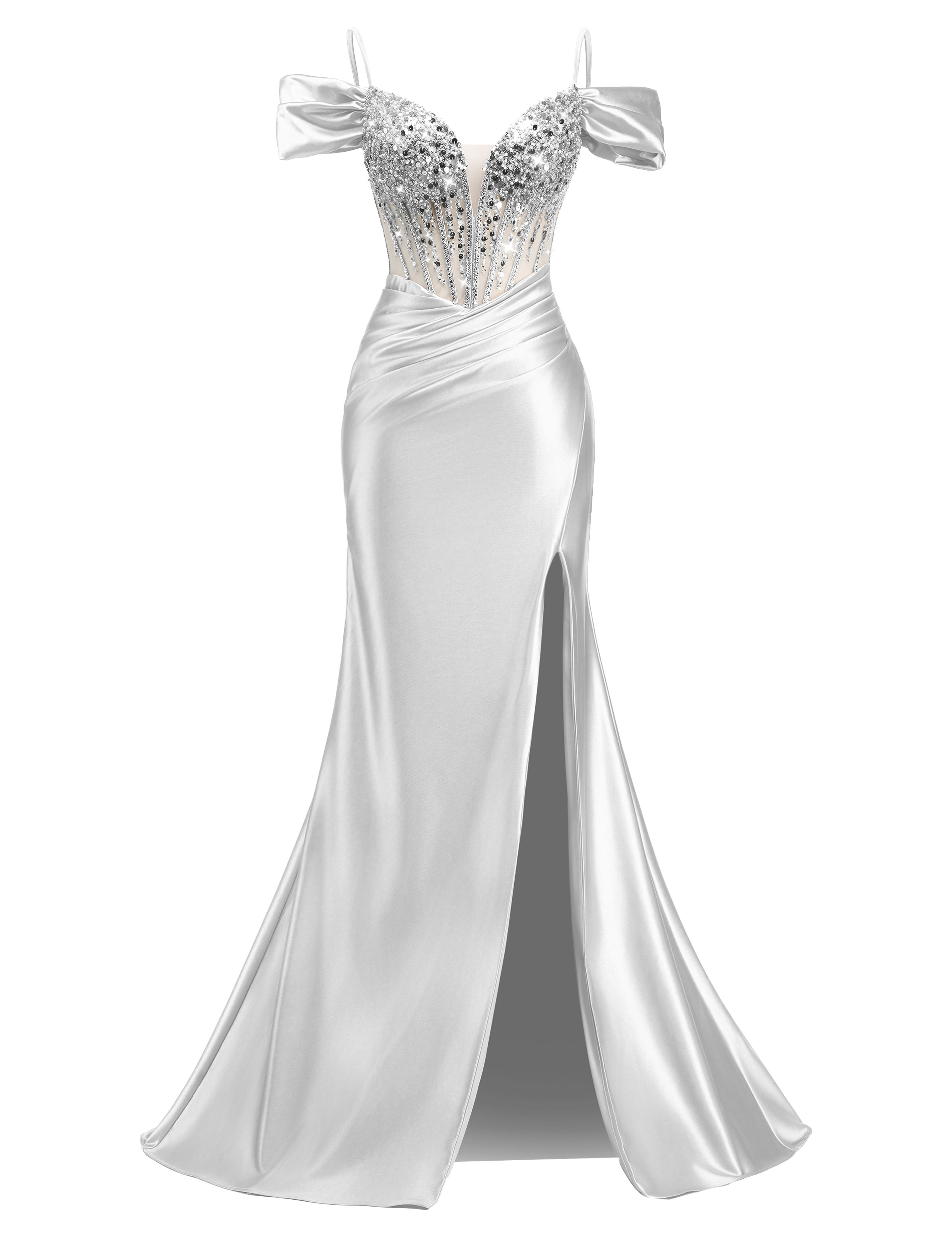 Mermaid V-neck Off Shoulder Beaded Sequin Satin Slit Prom Dress #PR2510014