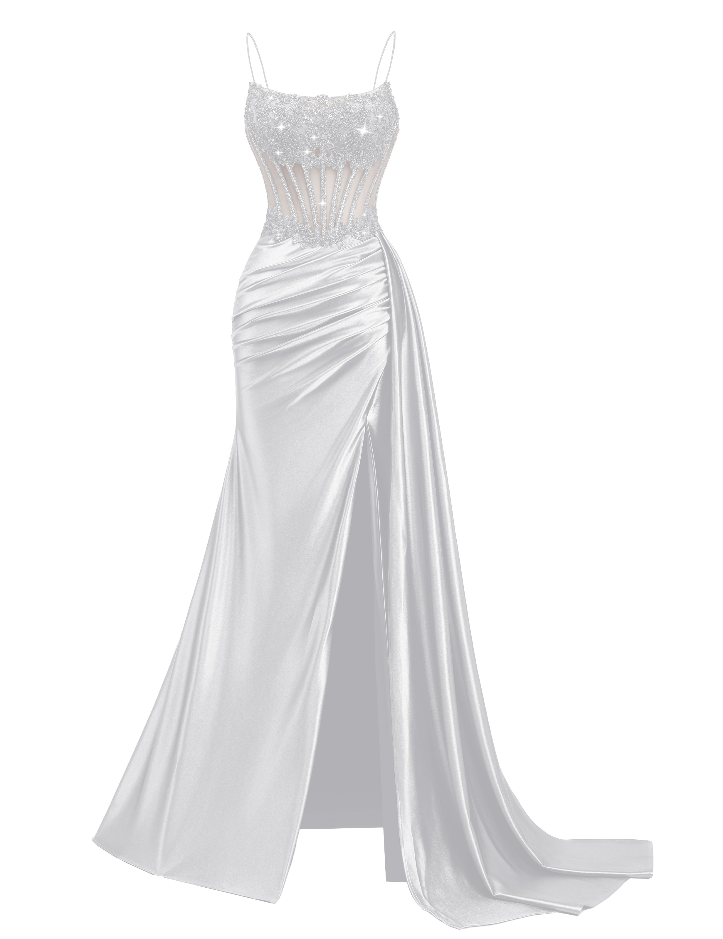 Mermaid Spaghetti Straps Pleated Satin Beaded Slit Prom Dress #PR2510011