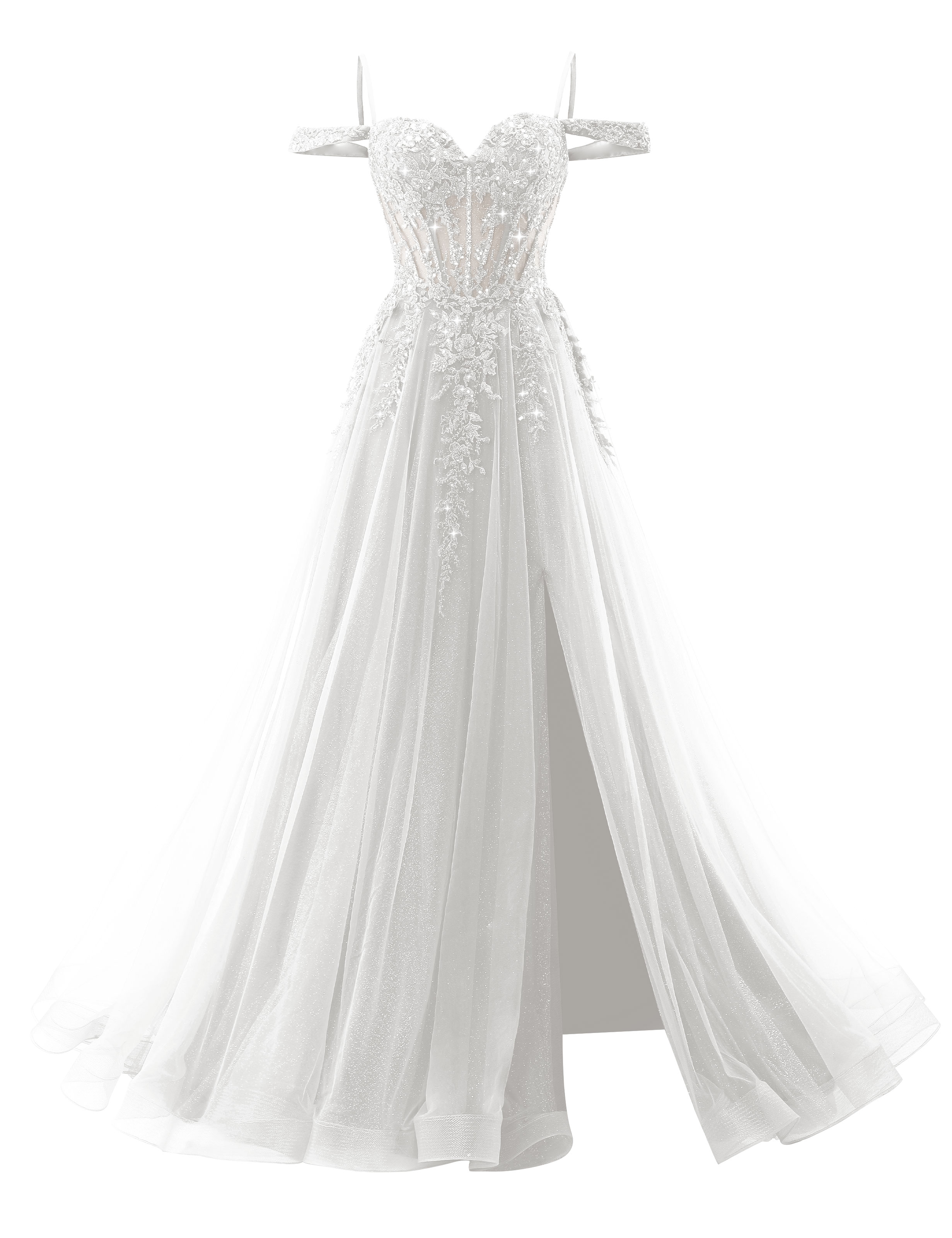 A-line Sweetheart Off Shoulder Corset Lace Appliques Sparkly Tulle Prom Dress #PR2511040