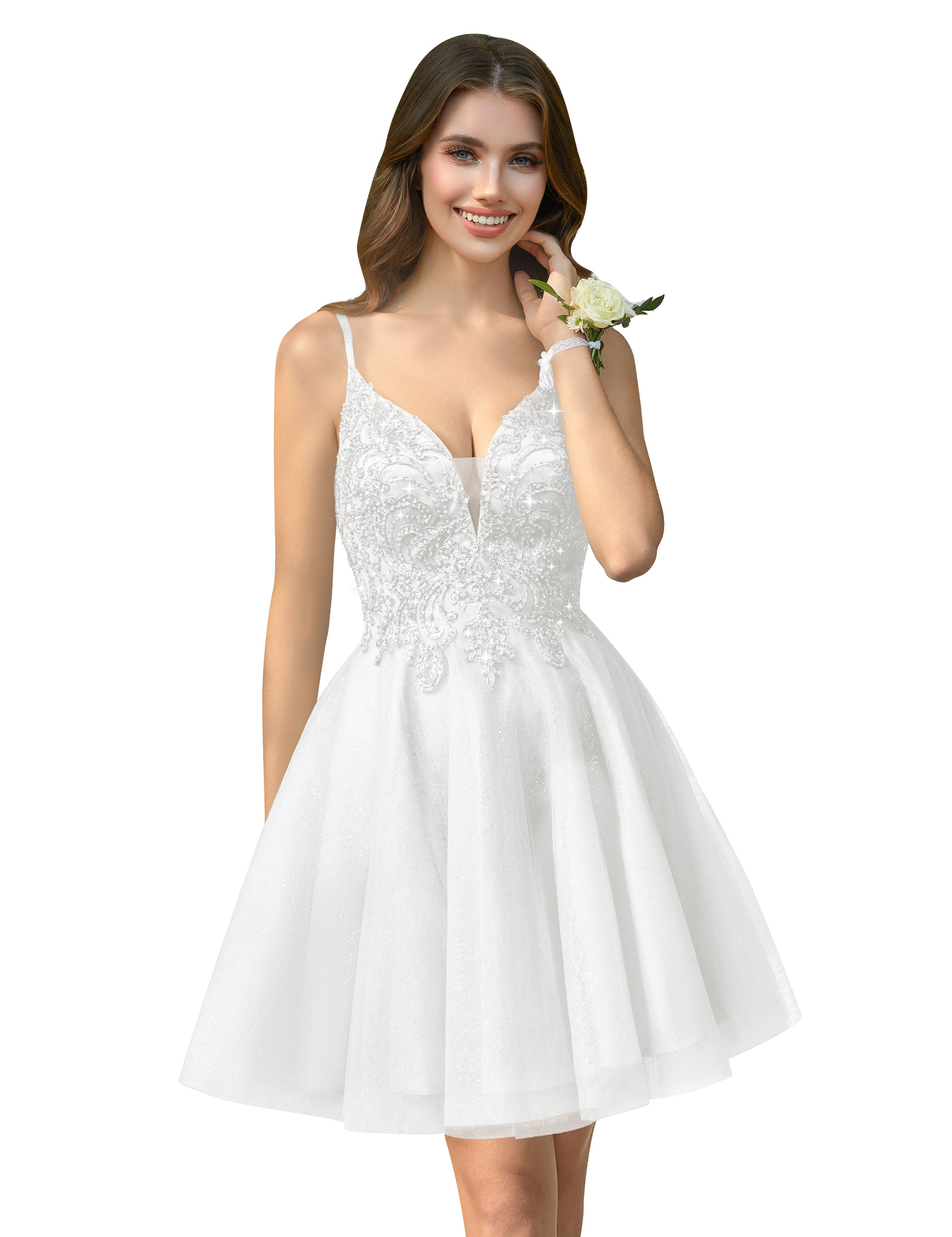 A-line V-neck Spaghetti Strap Sparkly Beaded Tulle Homecoming Dress #HC2401940