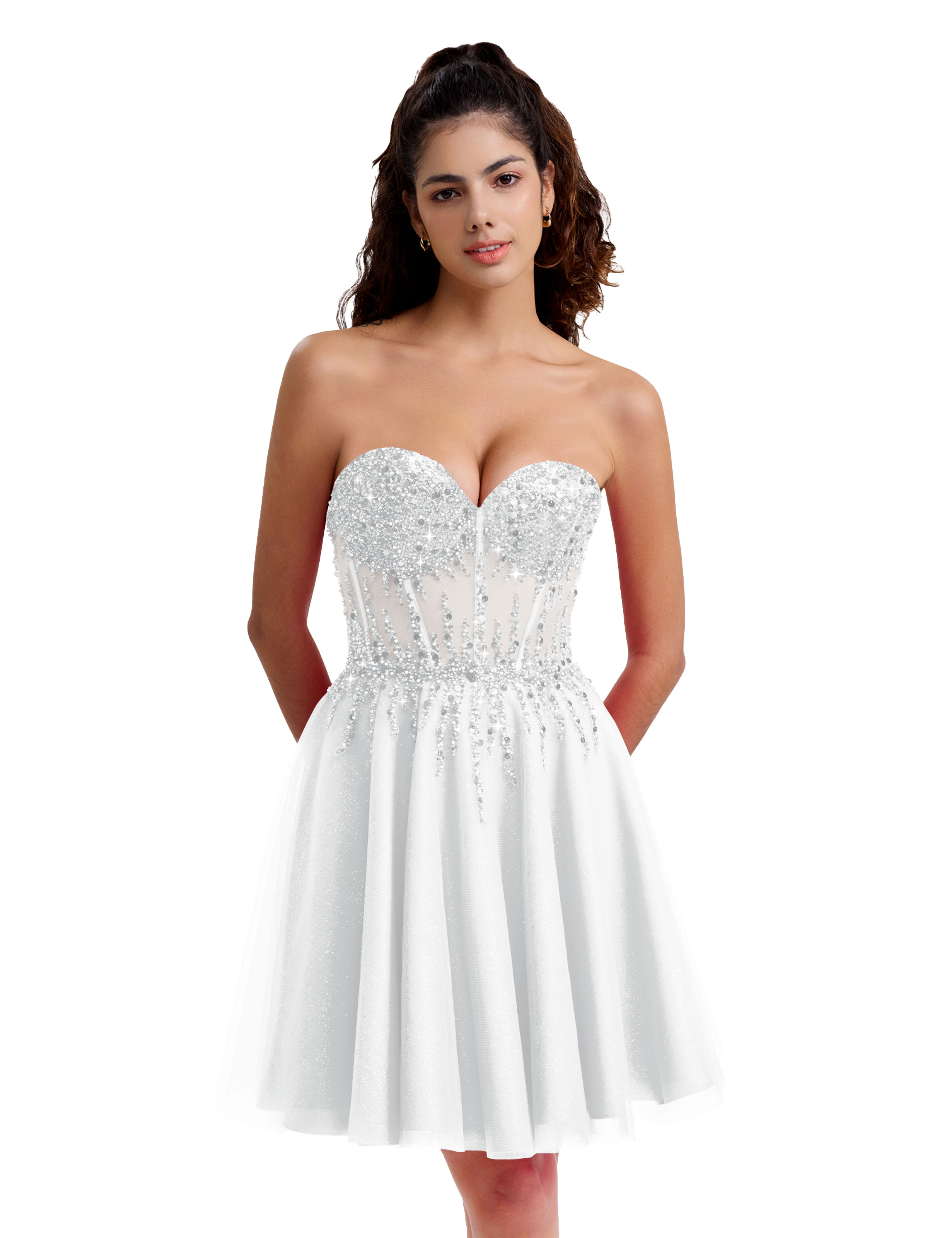 Sparkly A-line Sweetheart Tulle Beaded Party Homecoming Dress #HC2402135