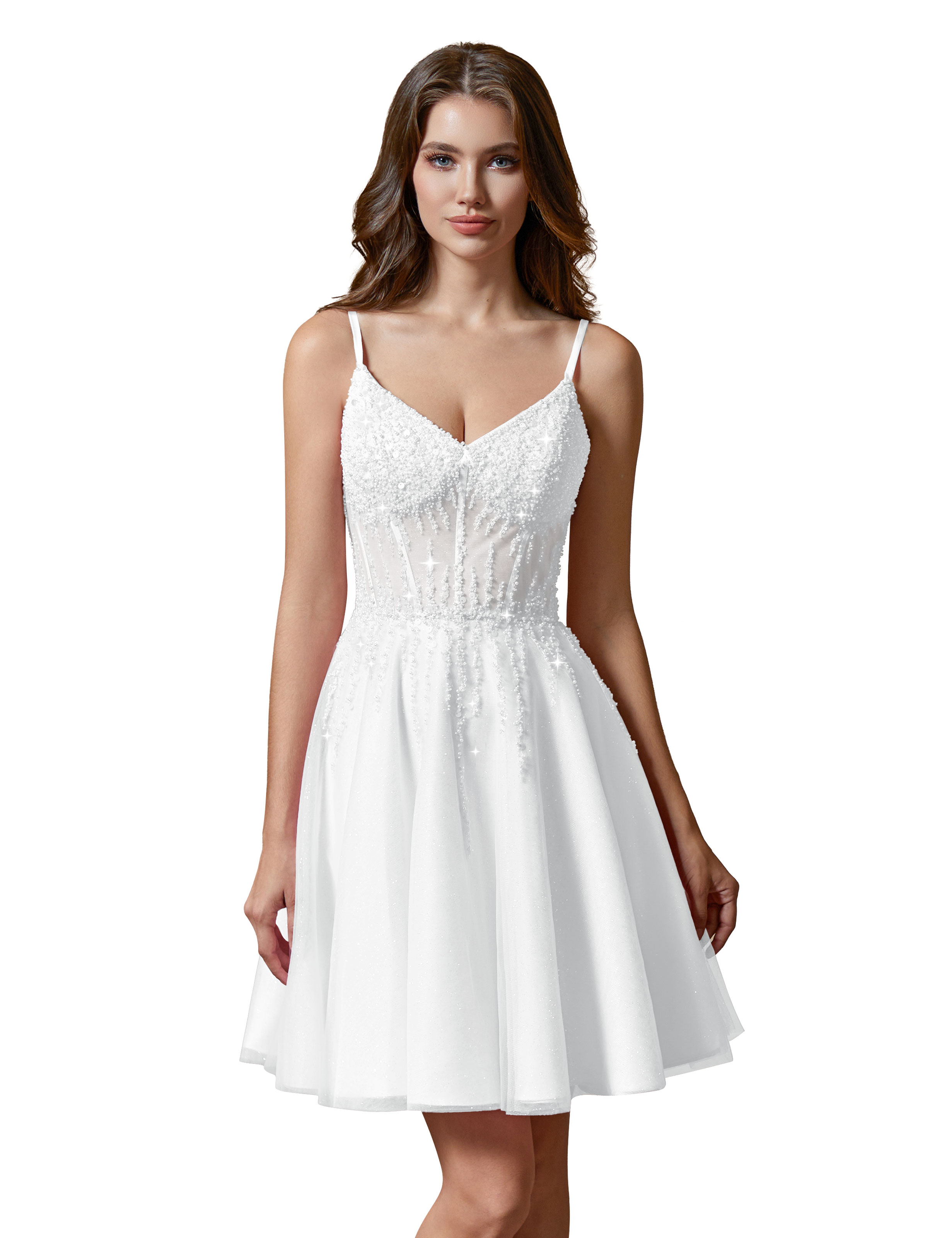 A-line V-Neck Sparkly Tulle Lace Appliques Homecoming Dress #HC2401738
