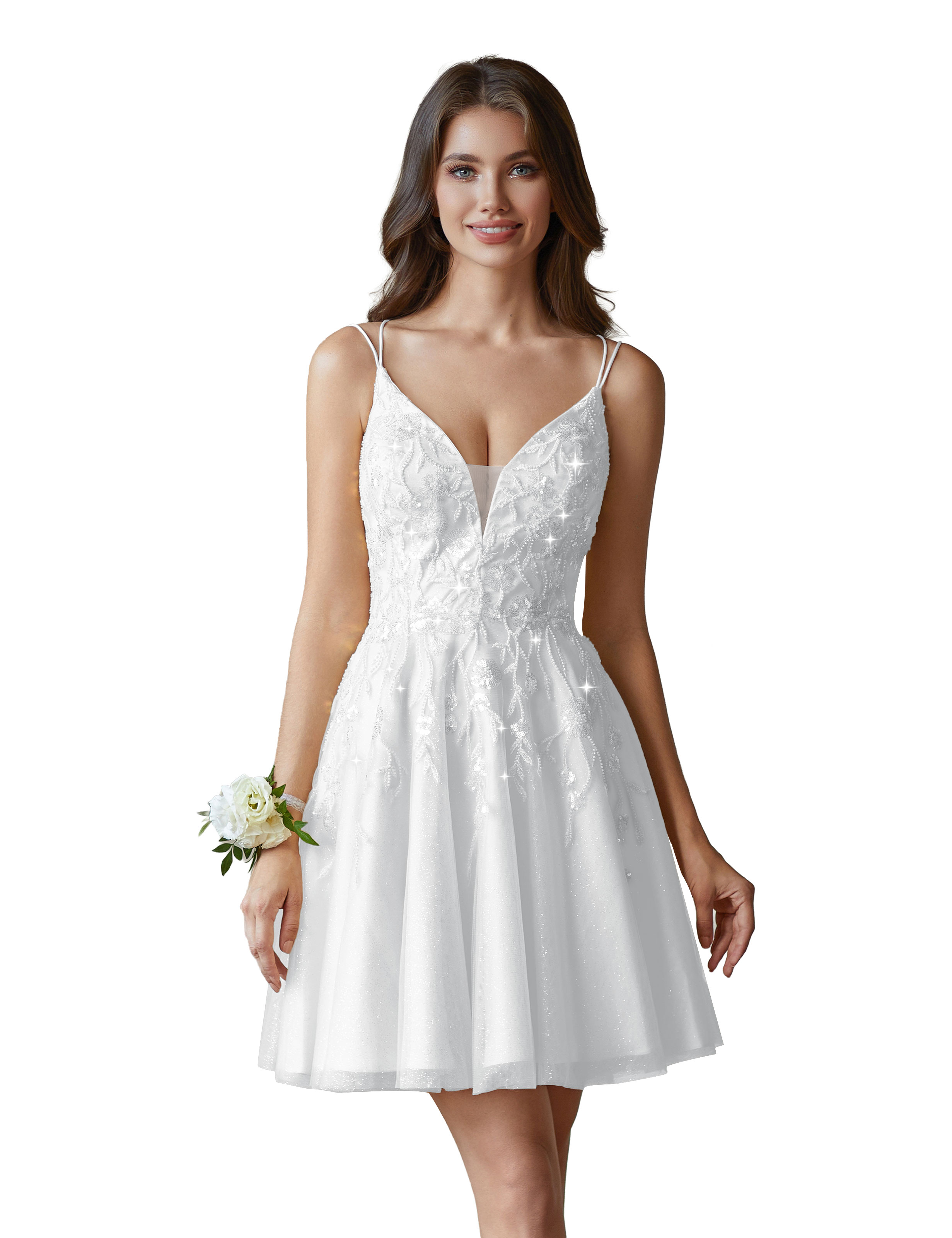 A-line V-Neck Tulle Beaded Lace Appliques Cocktail Homecoming Dress #HC2402602