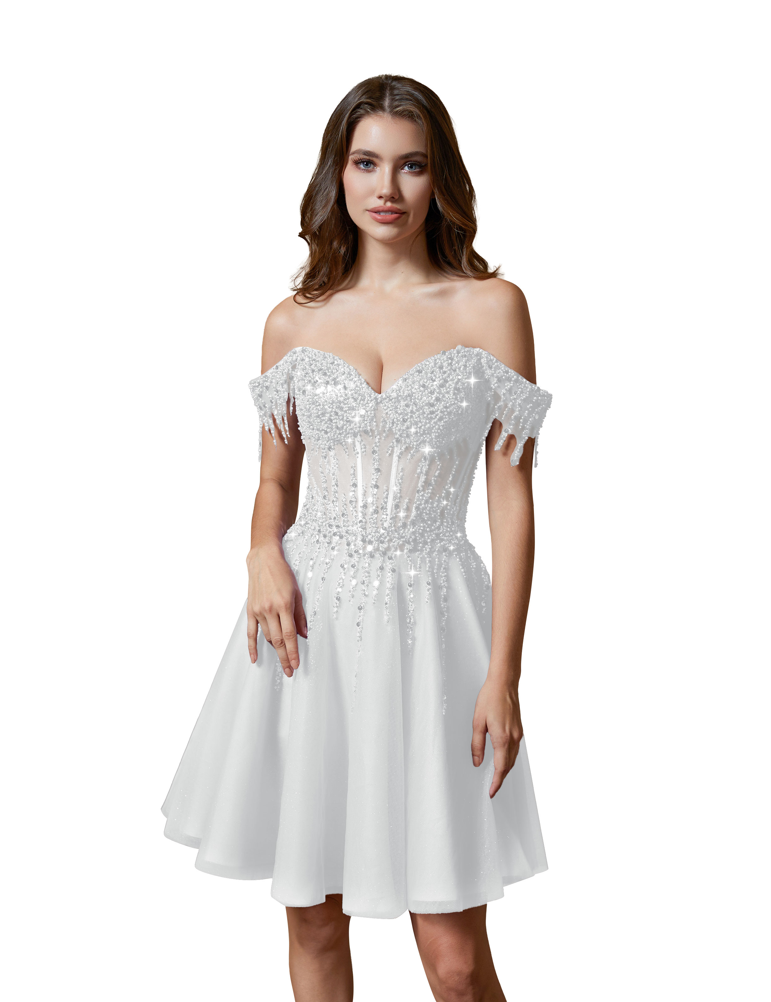 A-line Off Shoulder Lace Appliques Sparkly Sequin Tulle Homecoming Dress #HC2401169