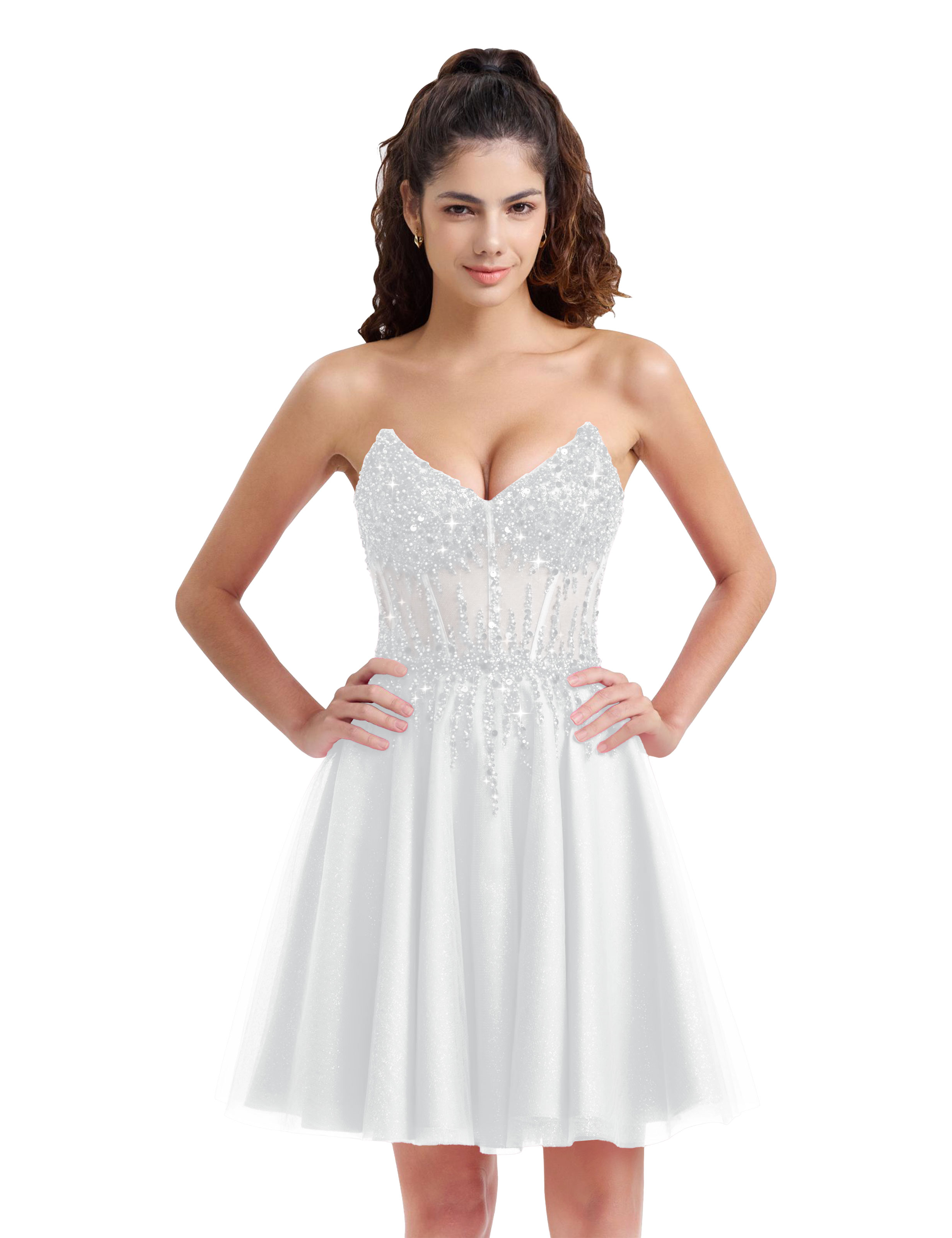Sparkly A-line V-Neck Tulle Strapless Beaded Homecoming Dress #HC2402127