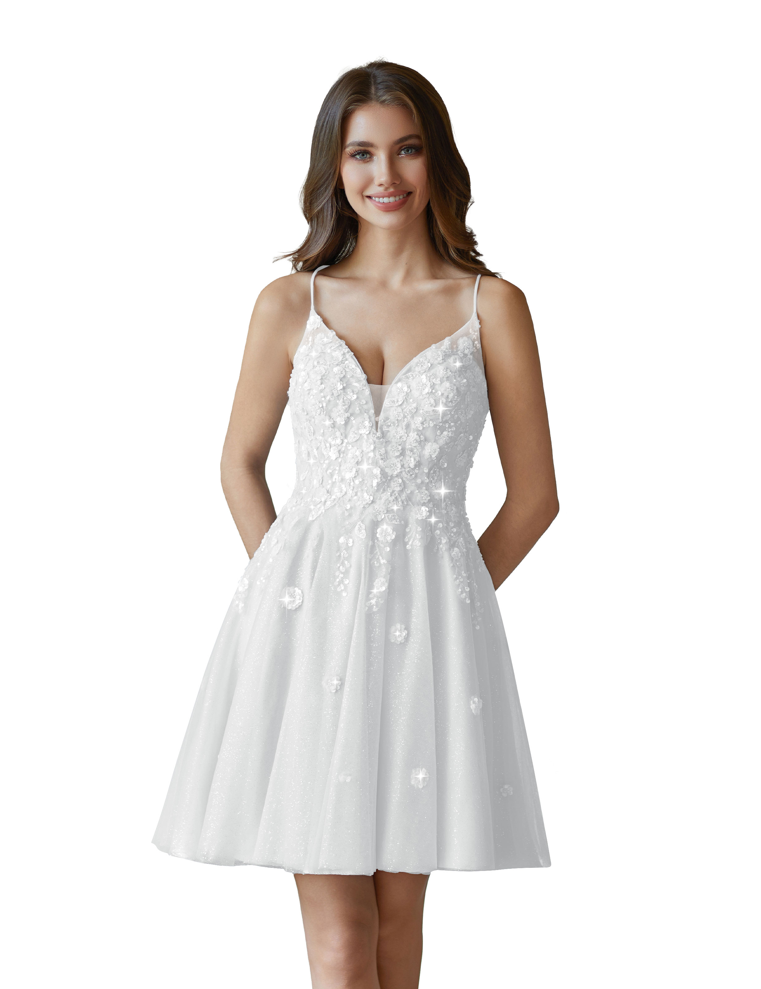 V-Neck Sspaghetti Strap Sparkly Lace Sequin Short Tulle Homecoming Dress #HC2604021