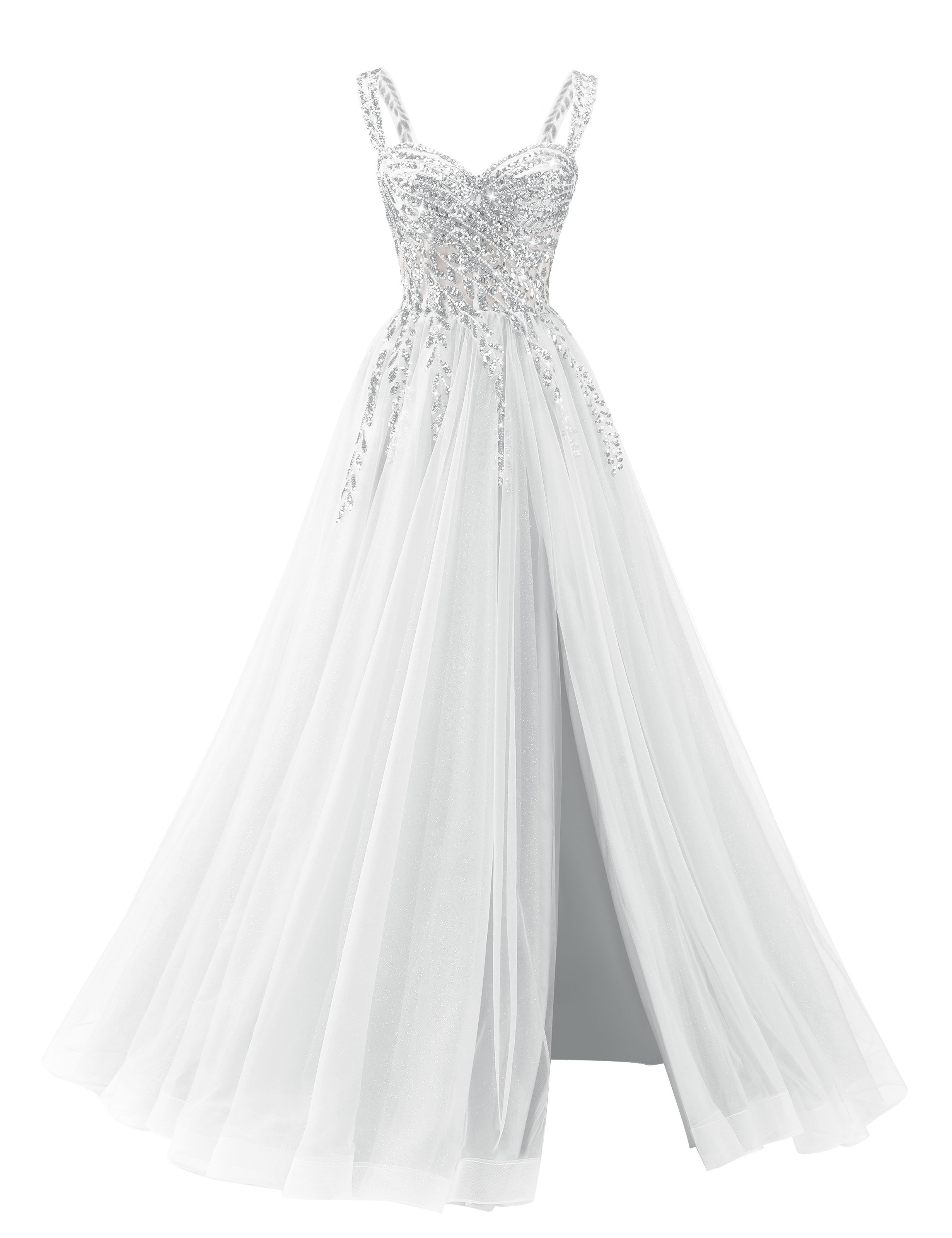A-line Sweetheart Sparkly Tulle Sequins Beaded Slit Corset Prom Dress #PR2512071